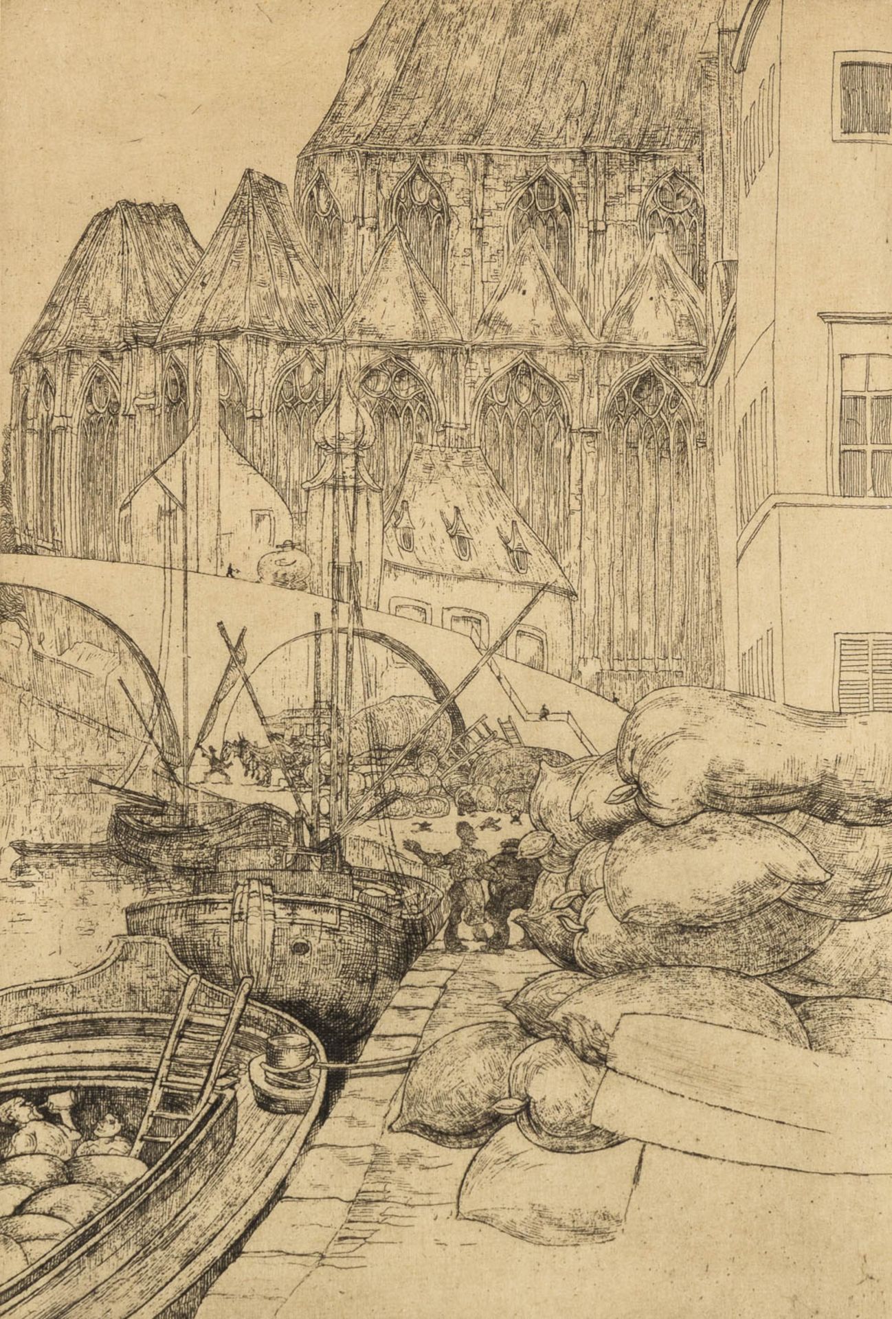 Jules DE BRUYCKER (1870-1945) 'Quai Au Blé/Korenlei Ghent' an etching. (W:16 x H:23 cm) - Bild 4 aus 7