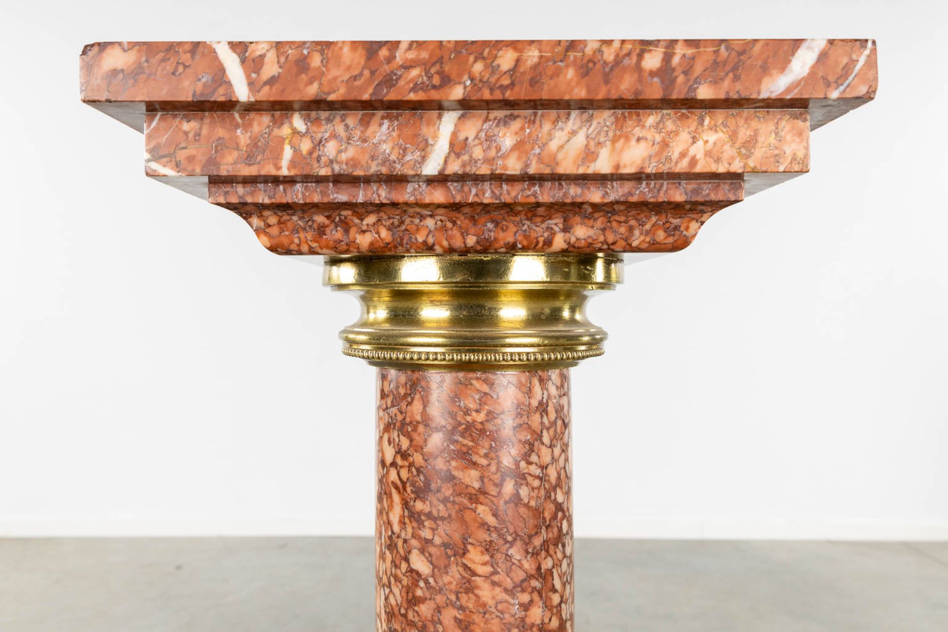 An antique sculptured red marble pedestal, mounted with bronze. Circa 1900. (L:30 x W:30 x H:103 cm) - Image 5 of 7