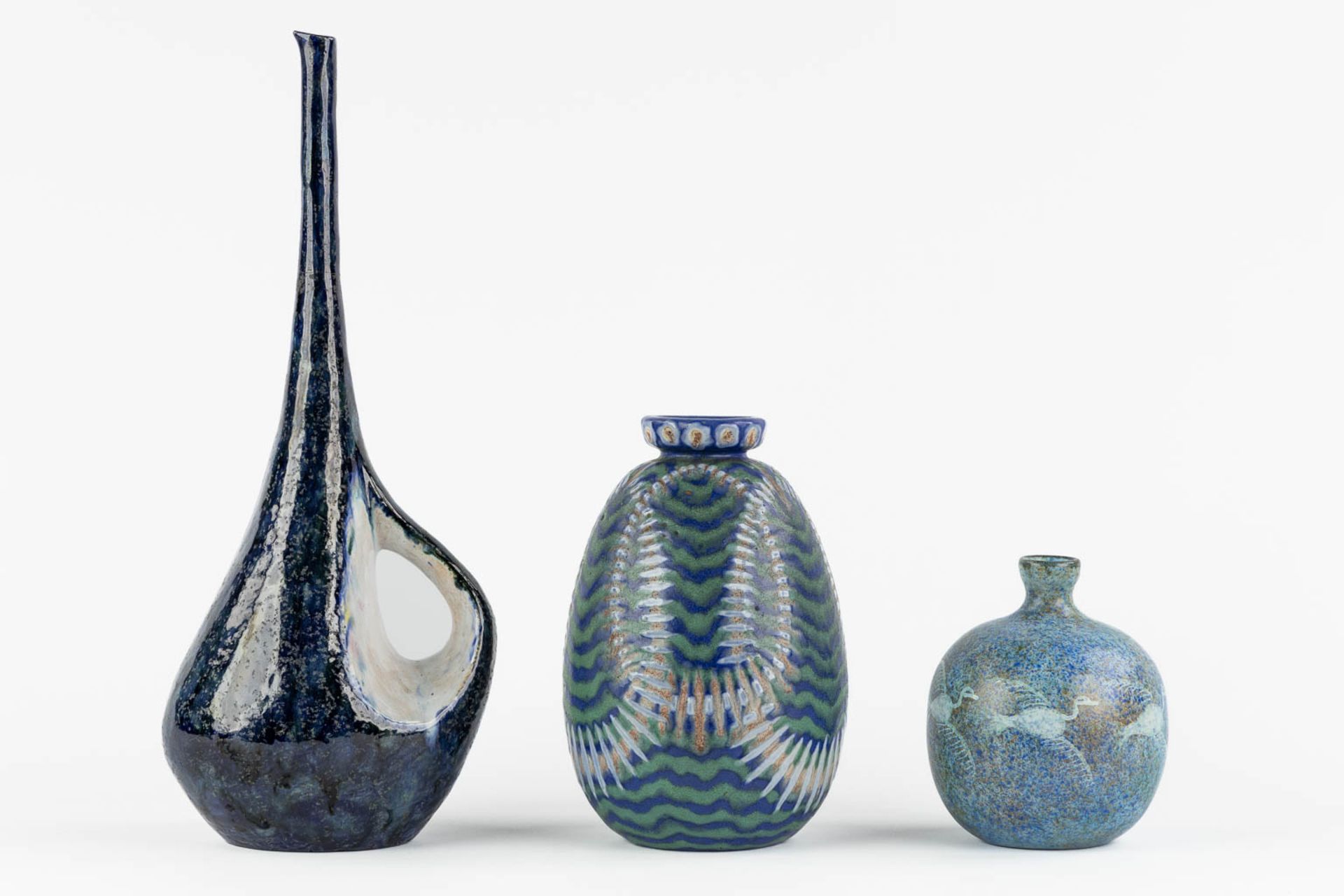 Three ceramic vases with a blue glaze. Revernay, Bertocci en Vallauris. Circa 1960. (L:13 x W:16 x H - Image 5 of 17