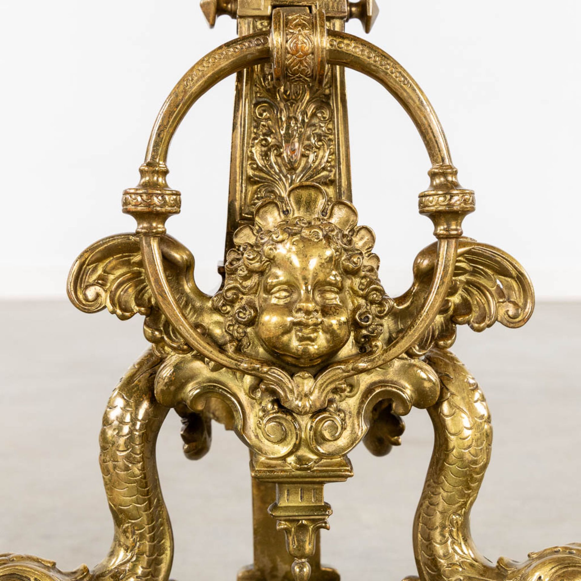 A pair of fireplace bucks and a firescreen, bronze in Louis XVI style. 20th C. (L:27 x W:64 x H:84 c - Image 9 of 20