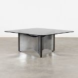 A mid-century coffee table, metal and tinted glass. (L:90 x W:90 x H:39 cm)
