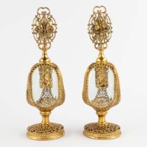 A pair of antique perfume bottles, filigree bronze and cut glass. (H:23 x D:7 cm)