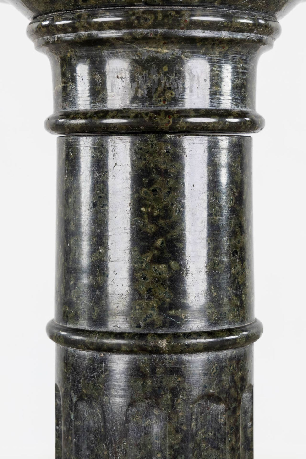 An antique black, sculptured marble pedestal. 19th C. (L:28 x W:28 x H:107 cm) - Image 5 of 9
