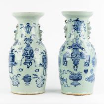 Two Chinese vases with a blue-white decor. 19th/20th C. (H:42,5 x D:19 cm)