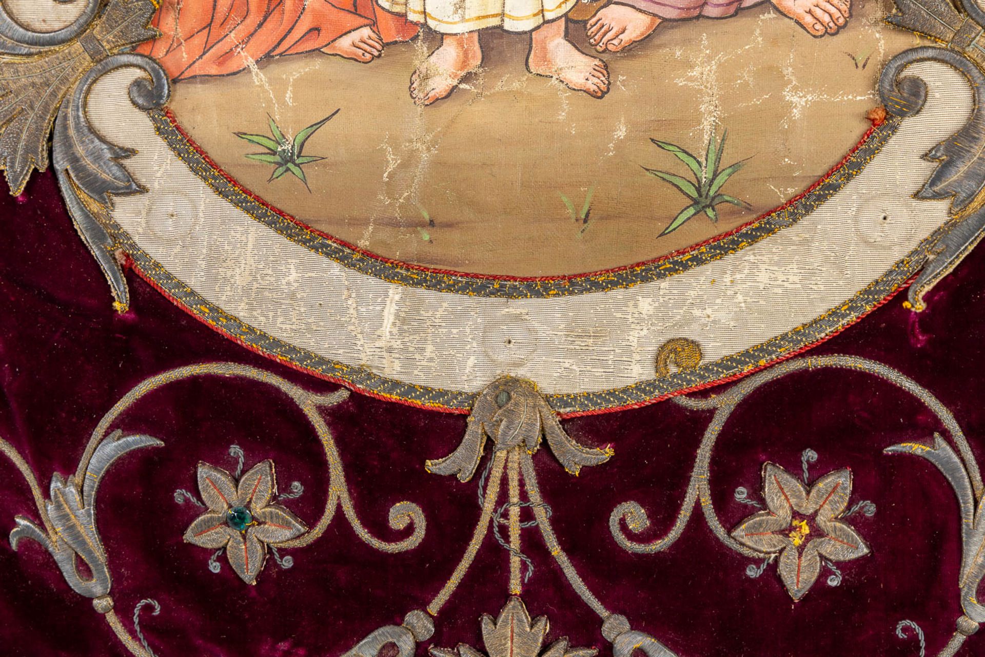 An antique banner with thick gold-thread embroideries and an image of 'The Holy Family'. (W:100 x H: - Image 9 of 12
