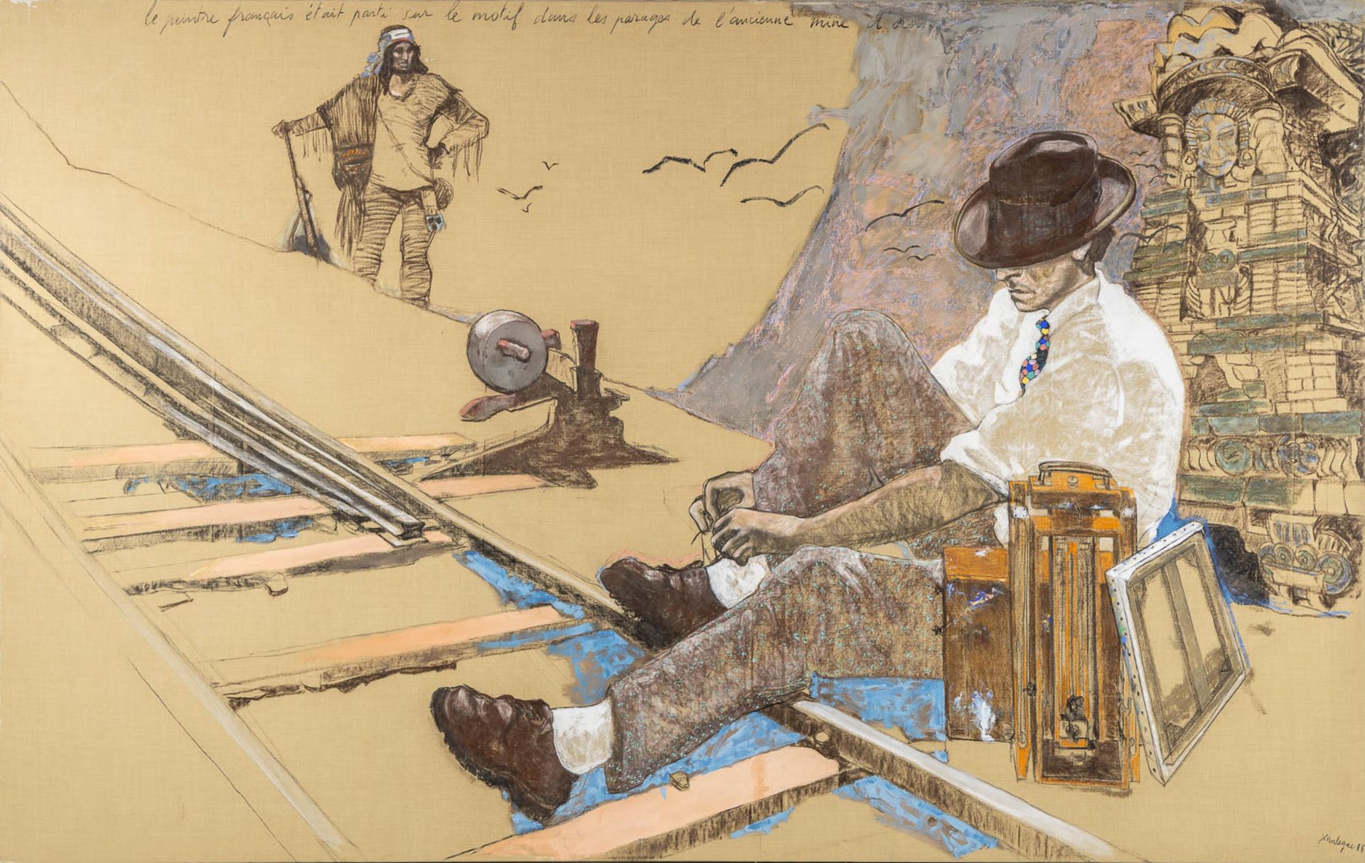 Jean LE GAC (1936) 'Peintre laçant ses Chaussures' mixed media on canvas. 1988. (W:330 x H:220 cm)