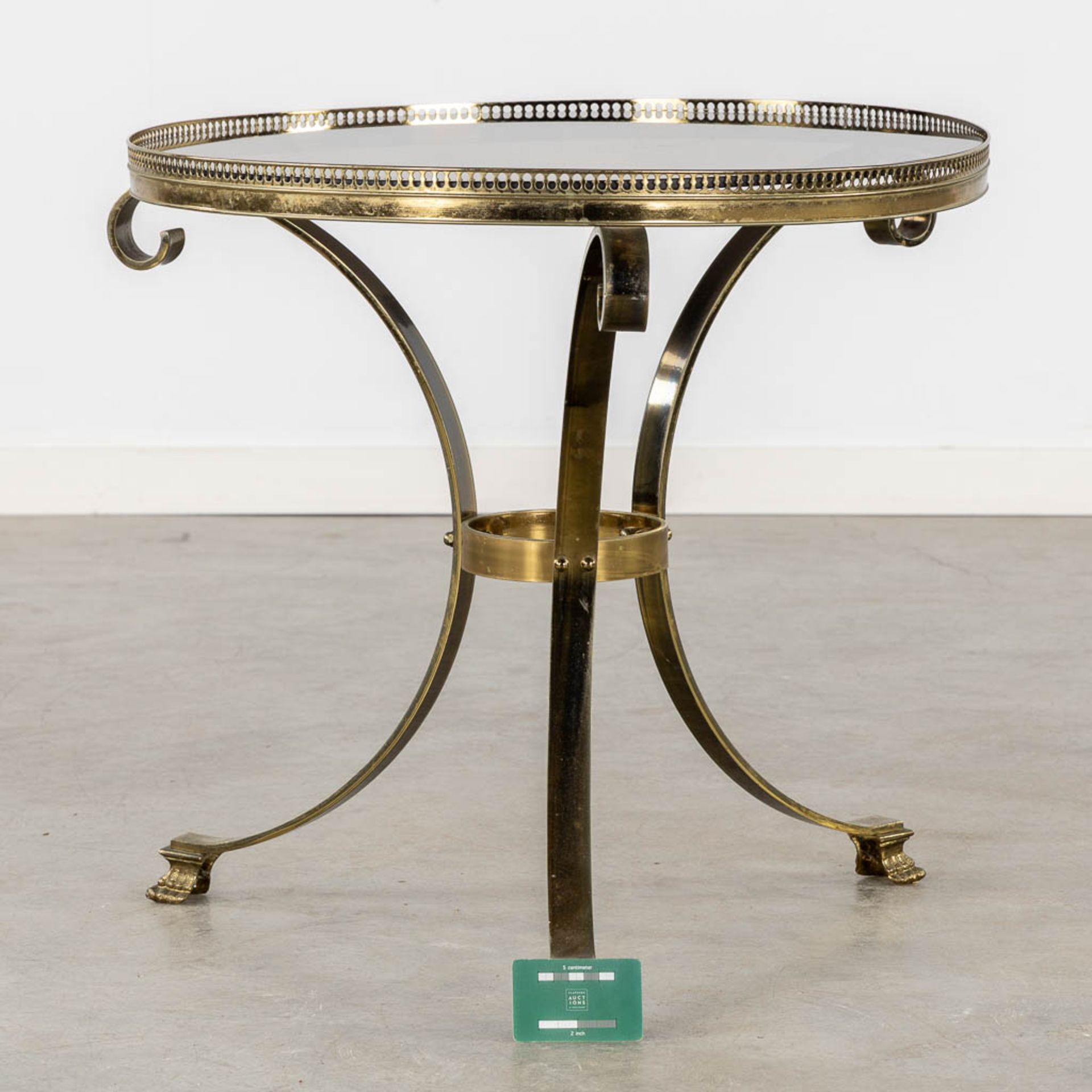 A mid-century side table, gilt metal with a tinted glass top. (H:57 x D:64 cm) - Image 2 of 9