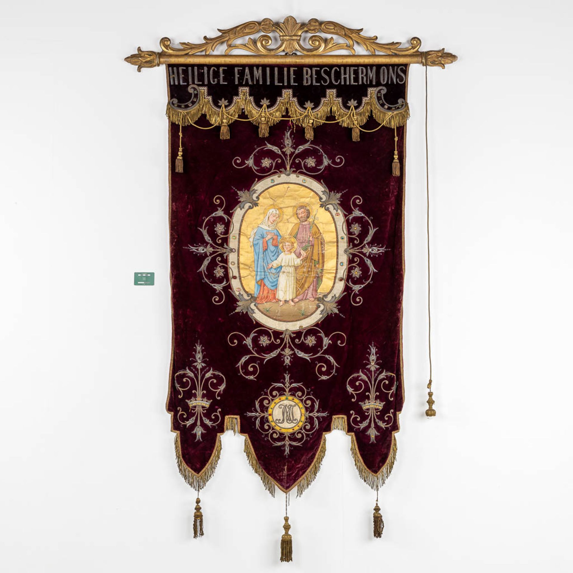 An antique banner with thick gold-thread embroideries and an image of 'The Holy Family'. (W:100 x H: - Image 2 of 12