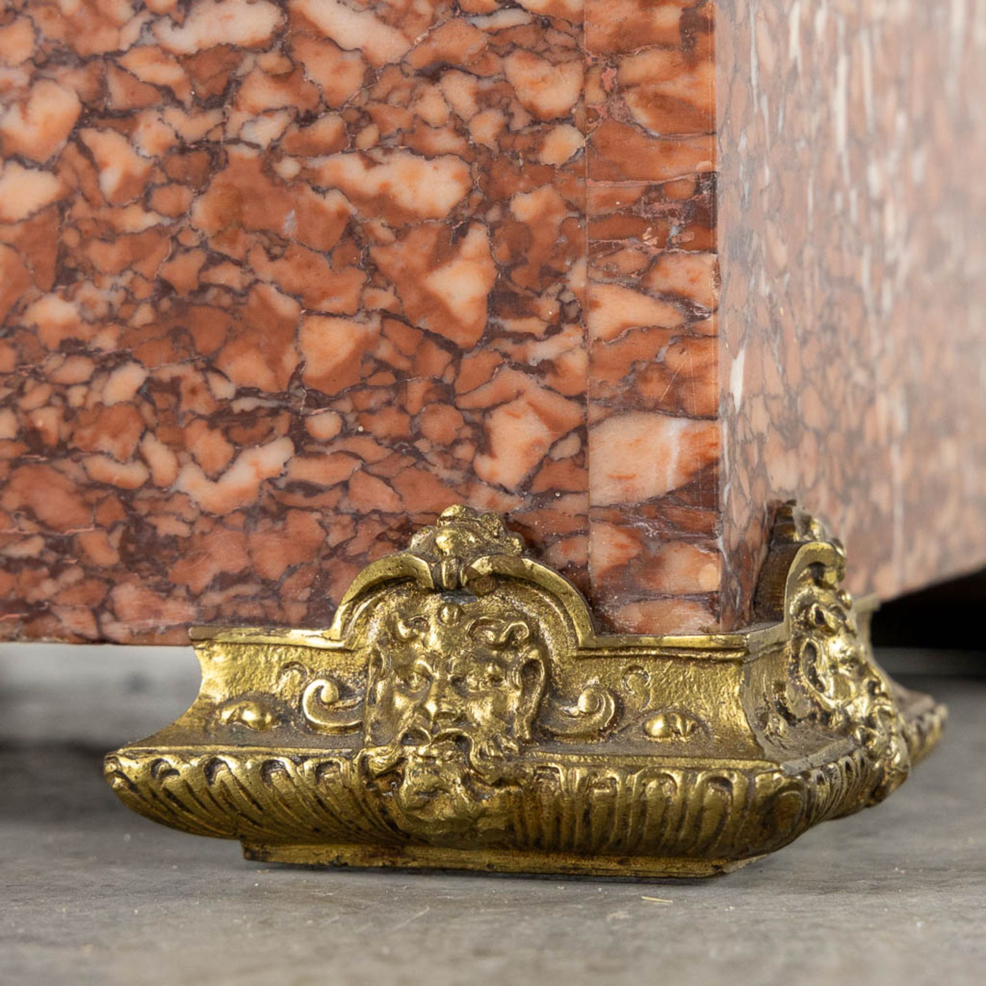 An antique sculptured red marble pedestal, mounted with bronze. Circa 1900. (L:30 x W:30 x H:103 cm) - Image 7 of 7