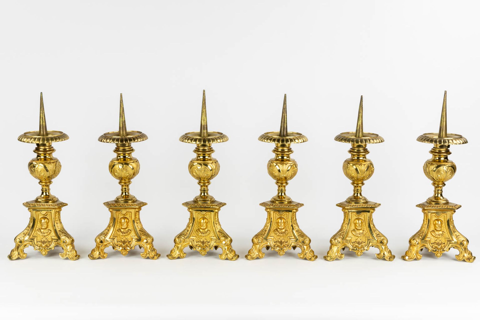 Six Church candlesticks, bronze in a Baroque style with images of Jesus, Mary and Joseph. (H:42 x D: - Image 5 of 13