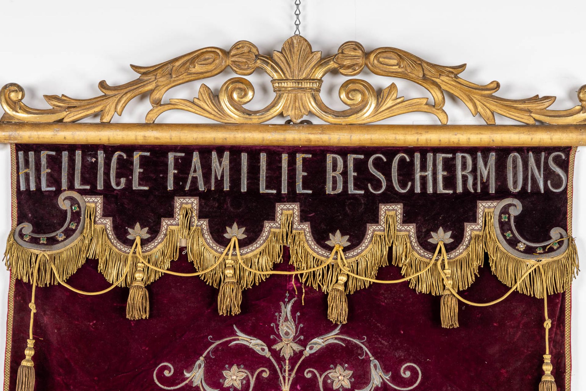 An antique banner with thick gold-thread embroideries and an image of 'The Holy Family'. (W:100 x H: - Image 3 of 12