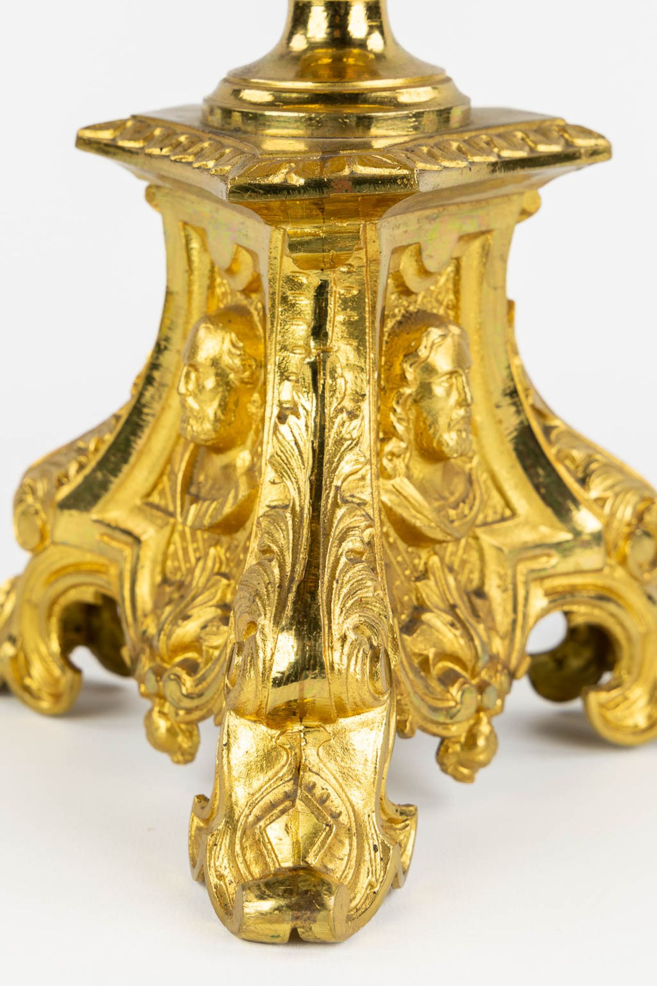 Six Church candlesticks, bronze in a Baroque style with images of Jesus, Mary and Joseph. (H:42 x D: - Image 13 of 13