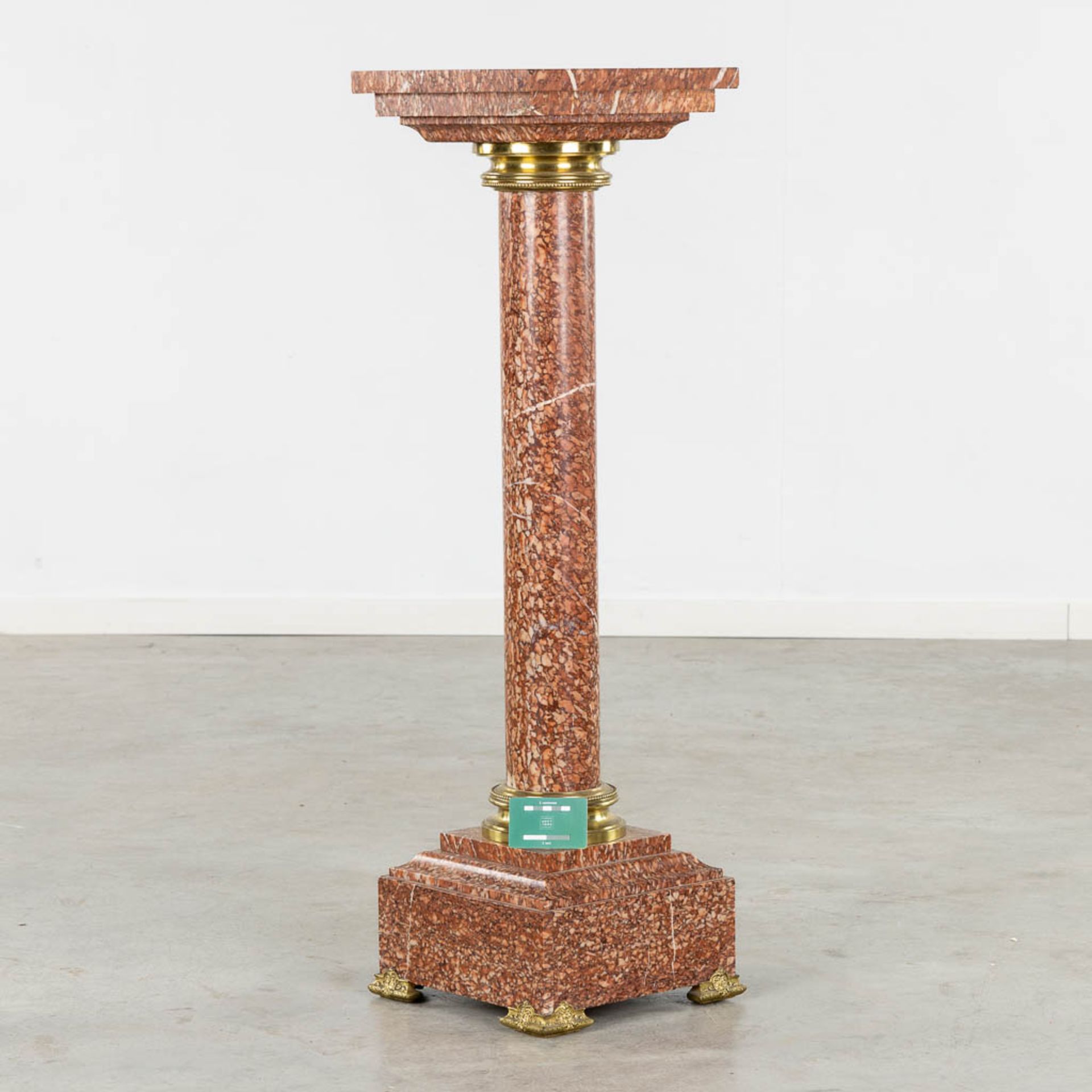 An antique sculptured red marble pedestal, mounted with bronze. Circa 1900. (L:30 x W:30 x H:103 cm) - Image 2 of 7