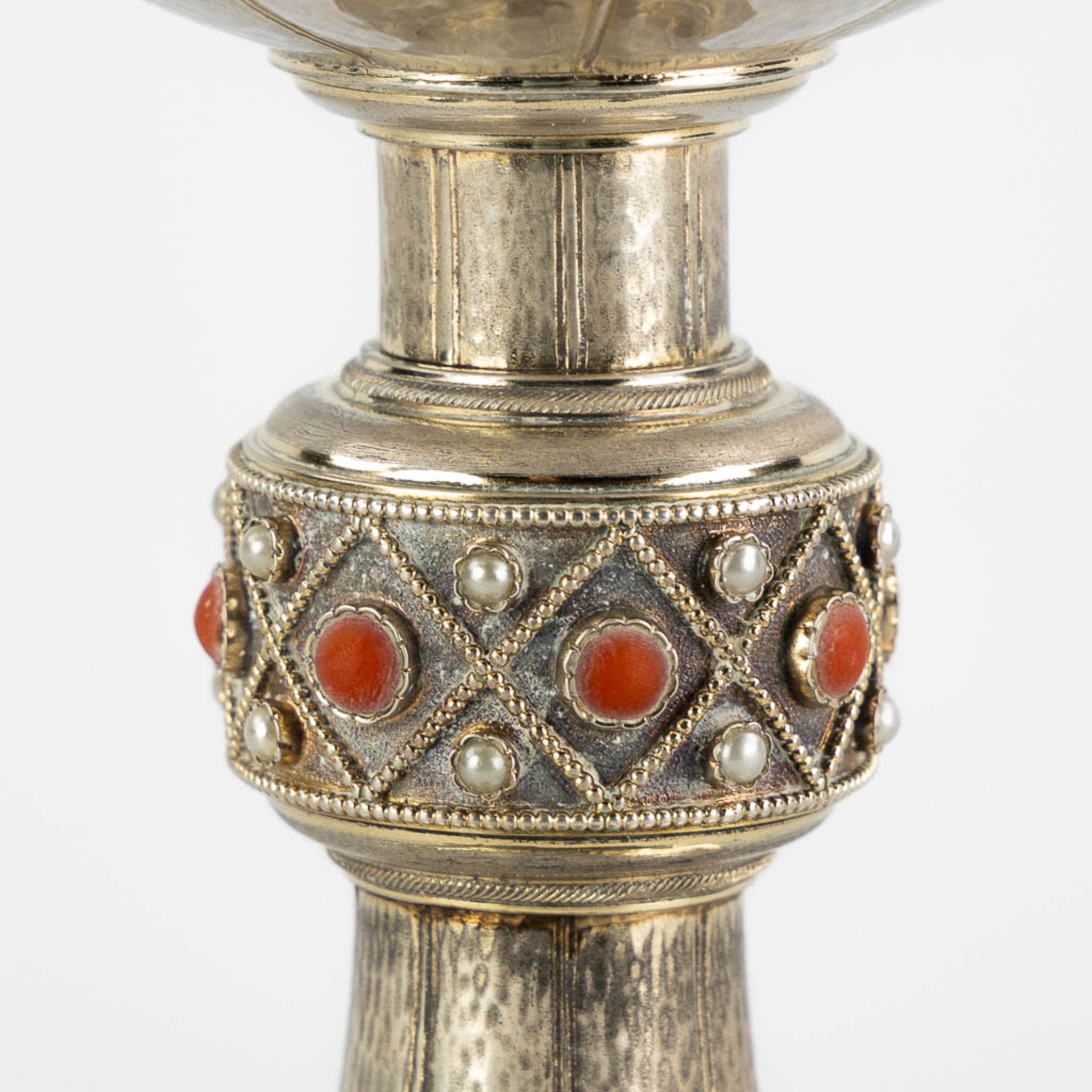 Joh ALOYS BRUUN (XIX) A chalice with paten, silver decorated with cabochons, malachite and pearls. G - Image 13 of 17