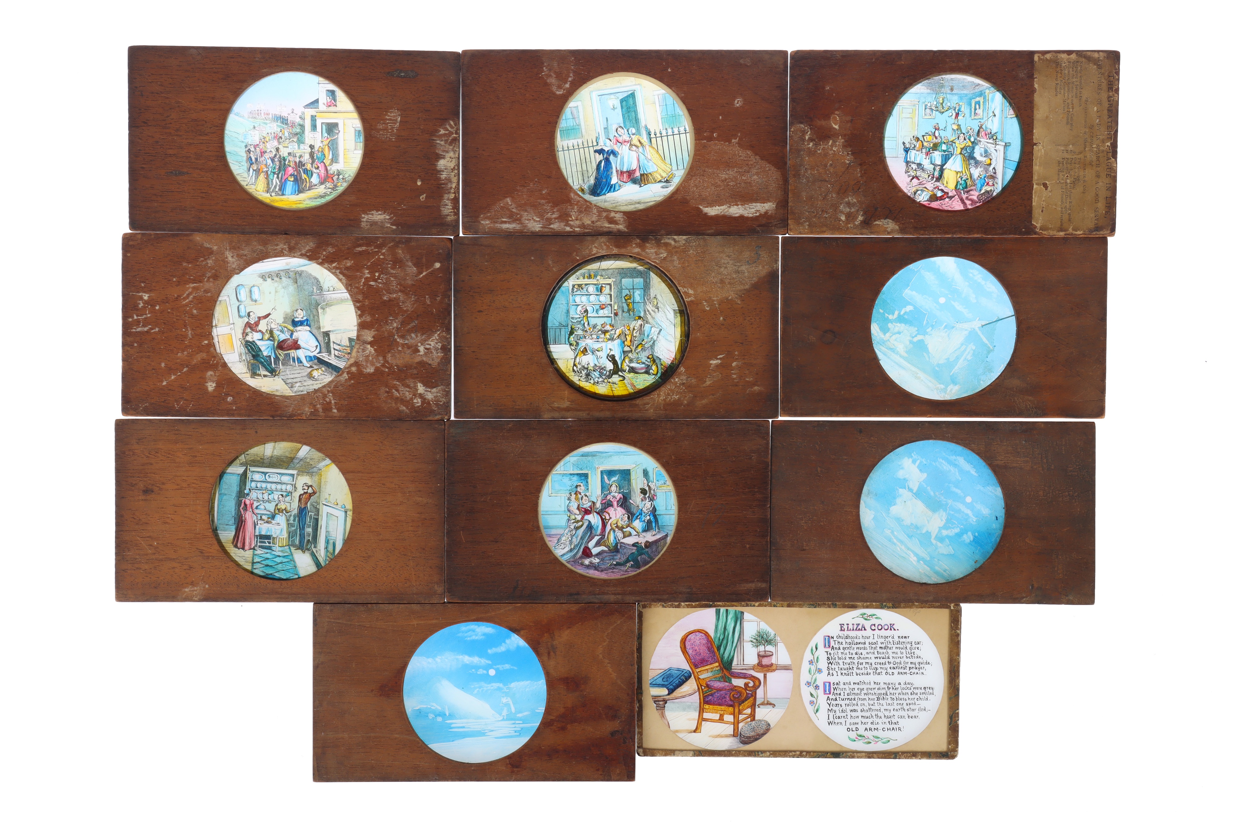 A Collection of 11 Mahogany Framed Magic Lantern Slides,
