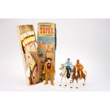 Hartland Plastics Lone Ranger and Tonto with a boxed Marx Toys Johnny West 1867 Indian Tepee,
