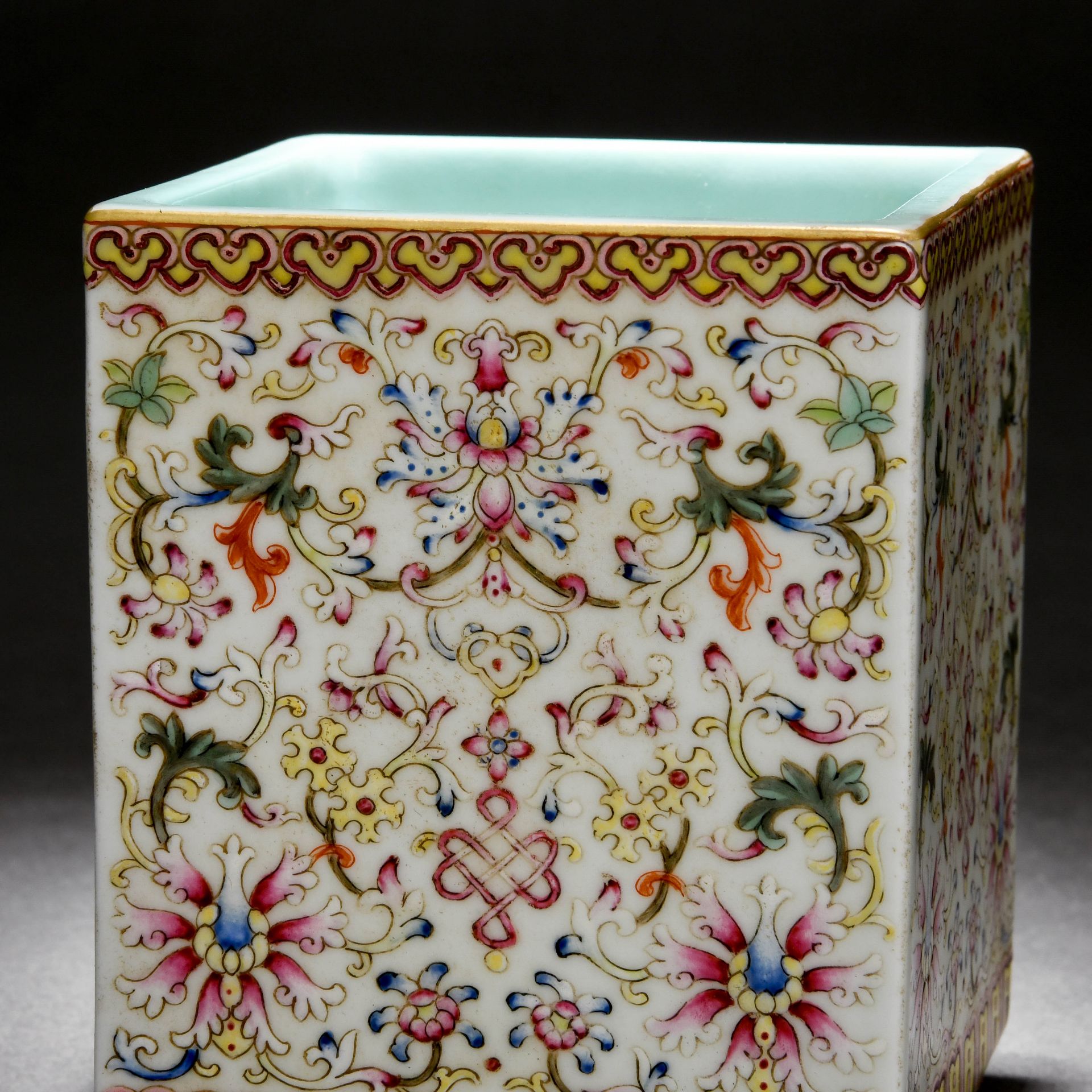 A Chinese Famille Rose Floral Scrolls Square Brushpot - Image 4 of 8