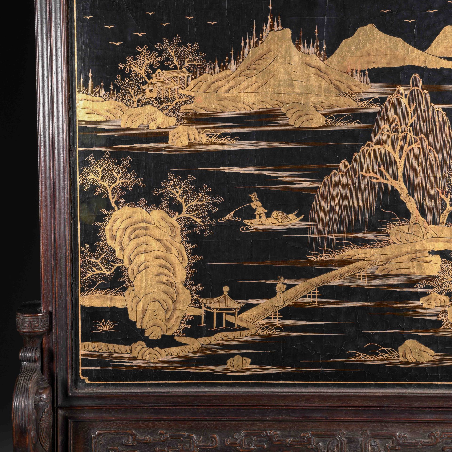 A Chinese Hard-stones Inlaid Lacquer Table Screen - Image 11 of 12