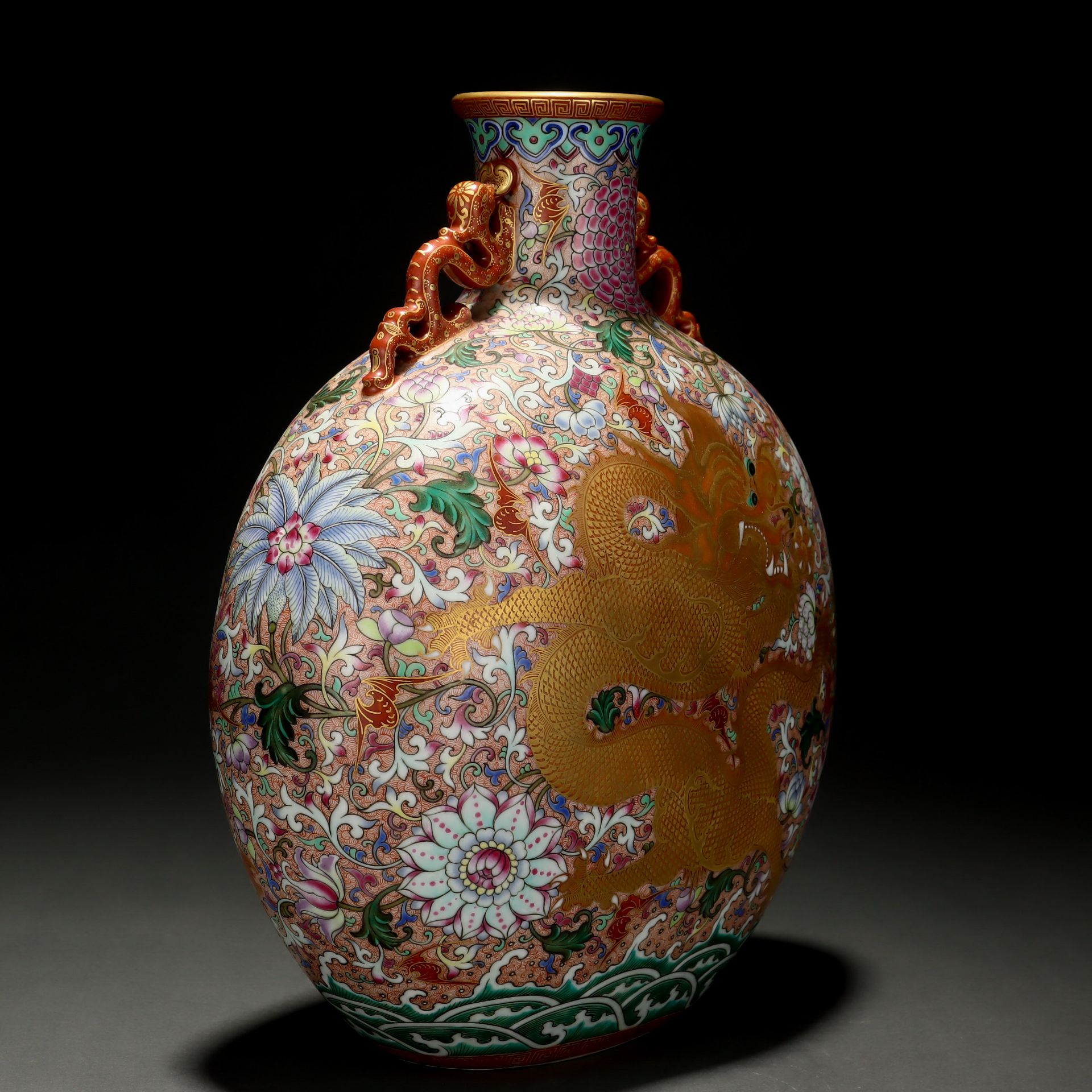 A Chinese Famille Rose and Gilt Dragon Moon Flask - Image 4 of 9