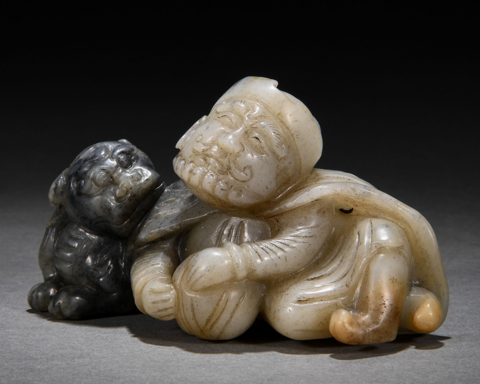 A Chinese Carved Jade Figure with Beast - Image 2 of 6