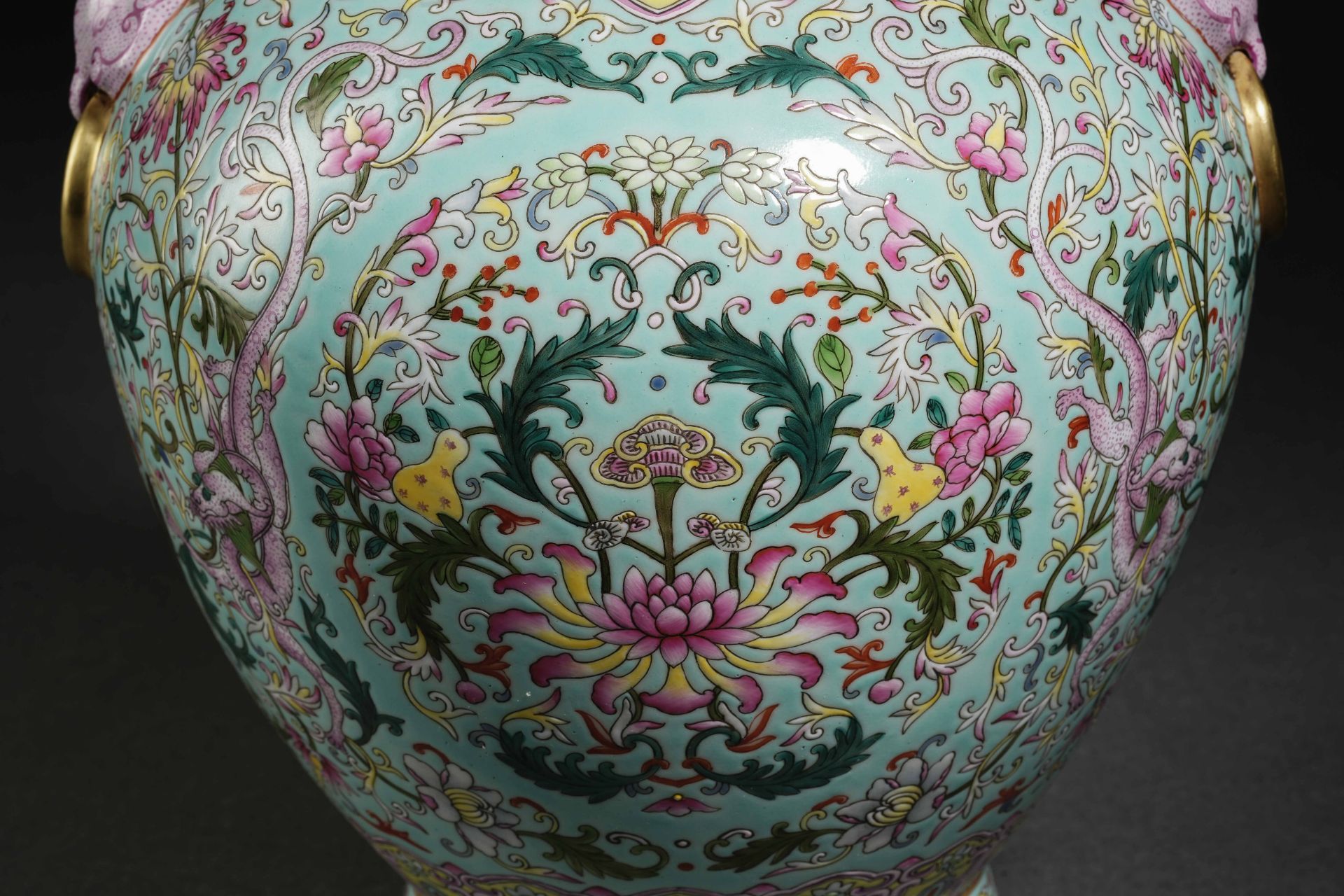 A Chinese Turquoise Ground and Famille Rose Vase with Double Handles - Image 8 of 15