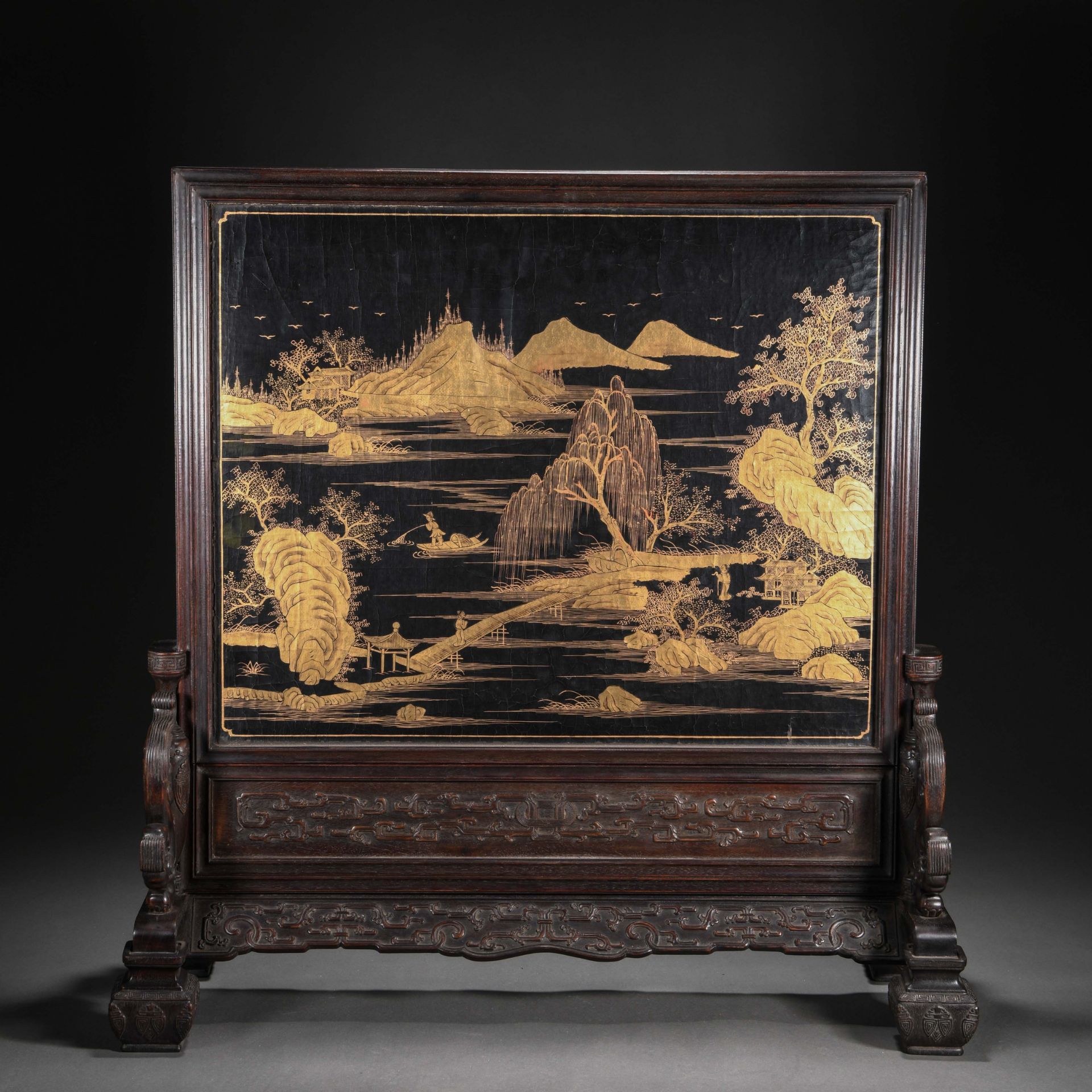 A Chinese Hard-stones Inlaid Lacquer Table Screen - Image 8 of 12