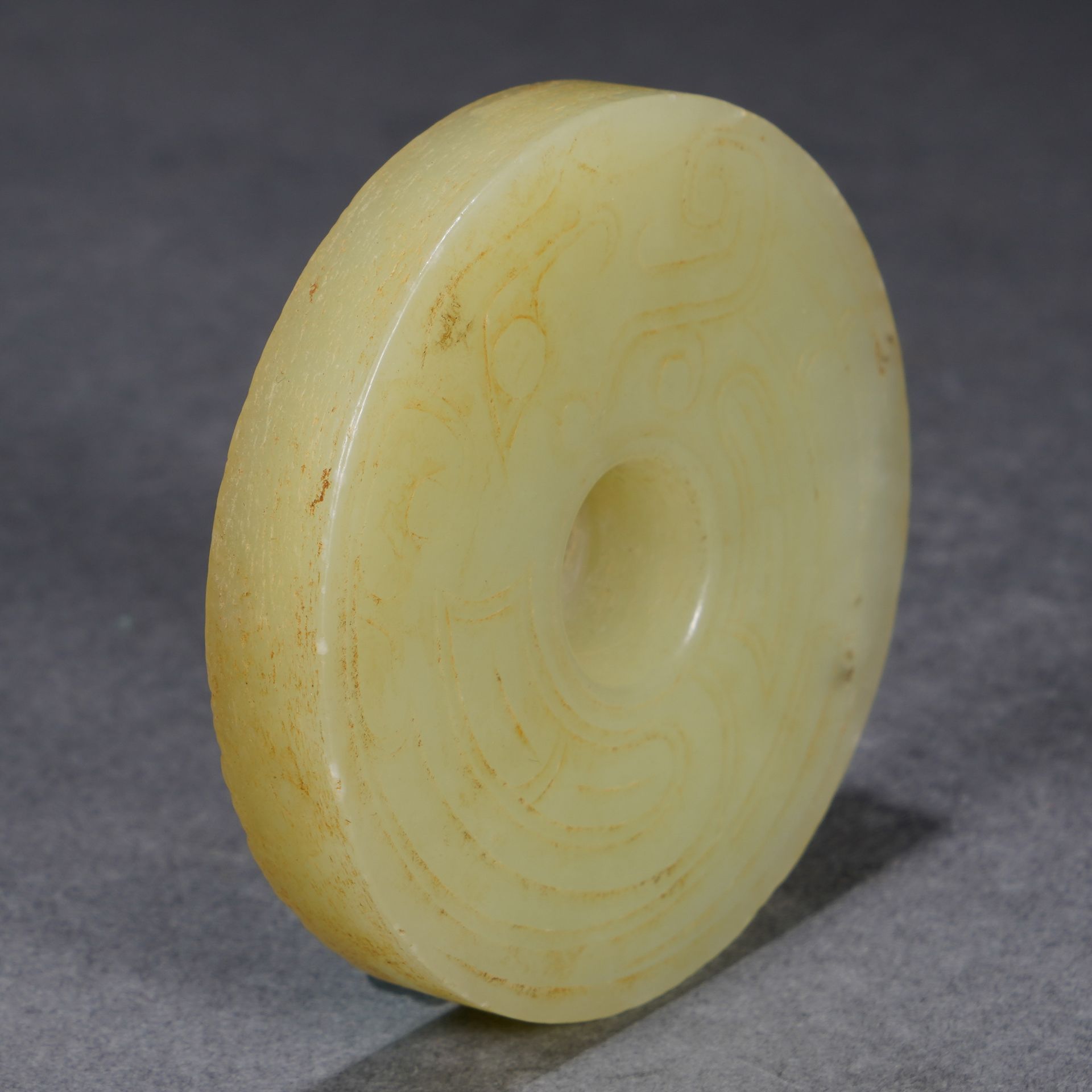 A Chinese Archaistic Yellow Jade Disc Bi - Image 2 of 9