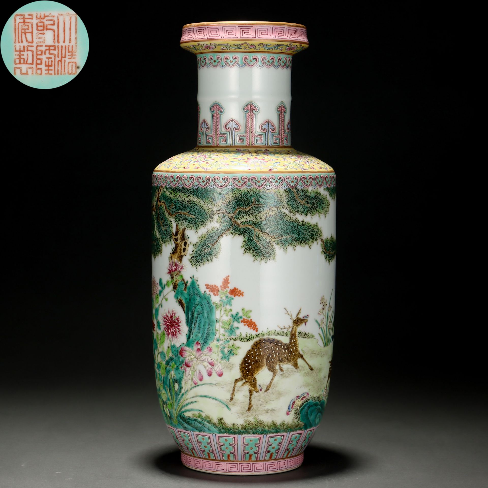 A Chinese Famille Rose Deers Mallet Vase