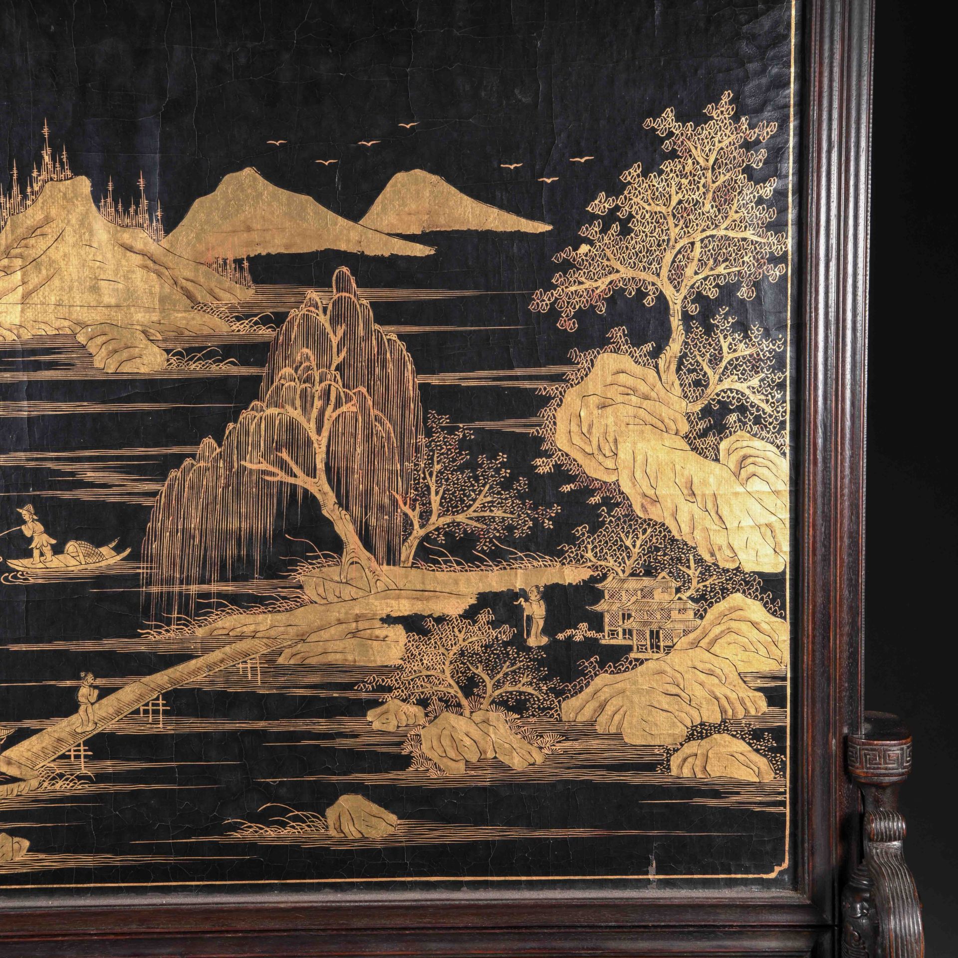 A Chinese Hard-stones Inlaid Lacquer Table Screen - Image 10 of 12