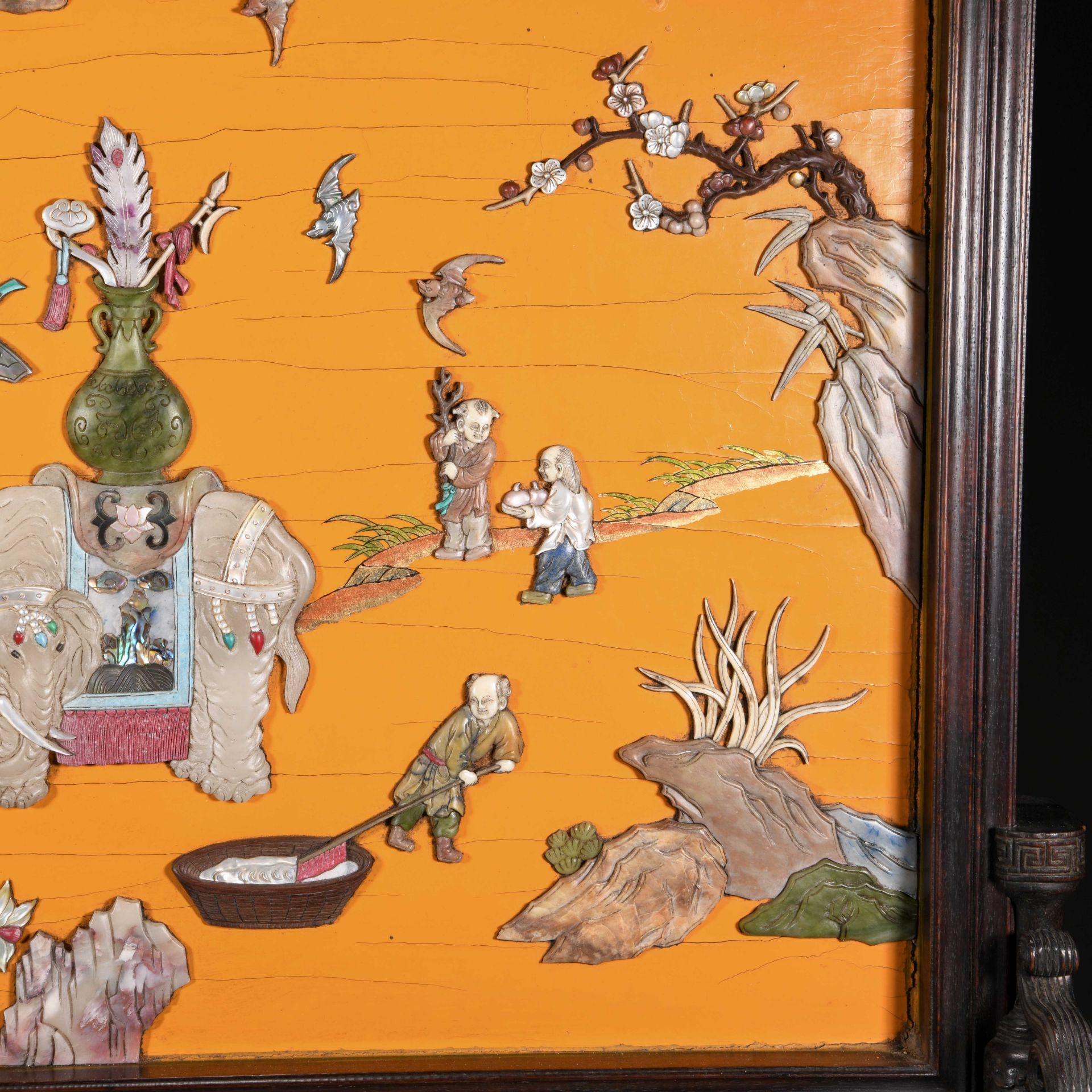 A Chinese Hard-stones Inlaid Lacquer Table Screen - Image 4 of 12