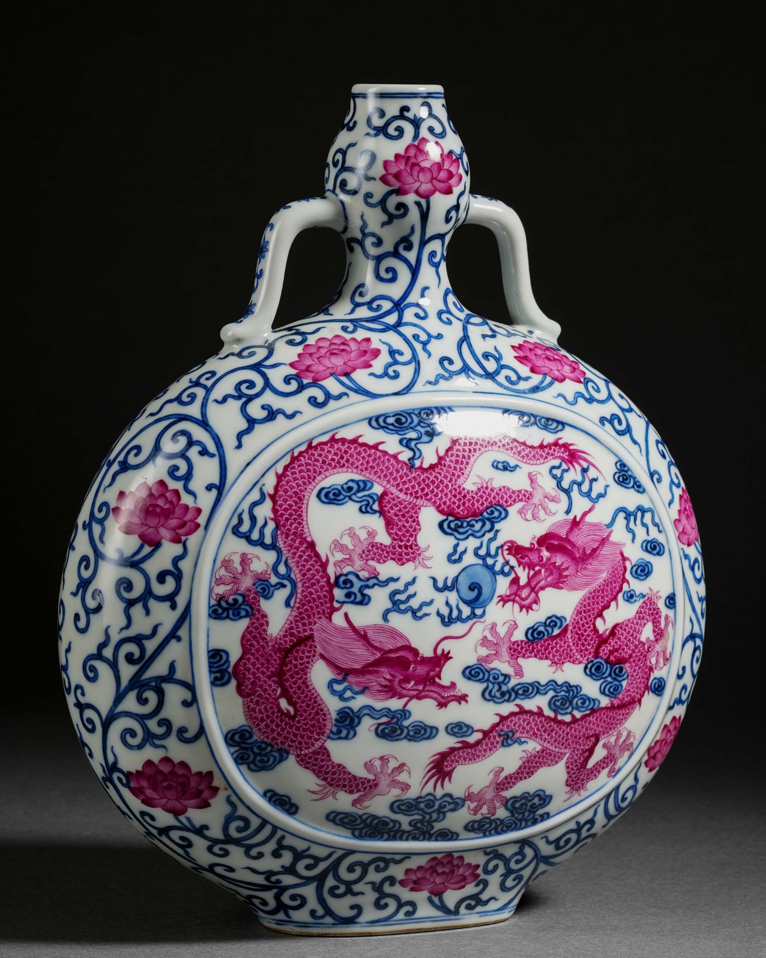 A Chinese Under Glaze Blue and Pink Enamel Dragon Bianhu - Image 3 of 14