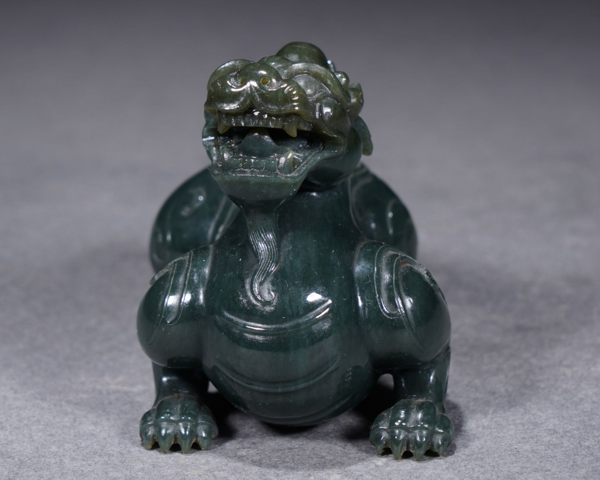 A Chinese Carved Spinach Green Jade Mythical Beast Pixiu - Image 2 of 9