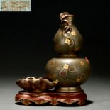 A Chinese Teadust Glaze and Gilt Double Gourds Vase