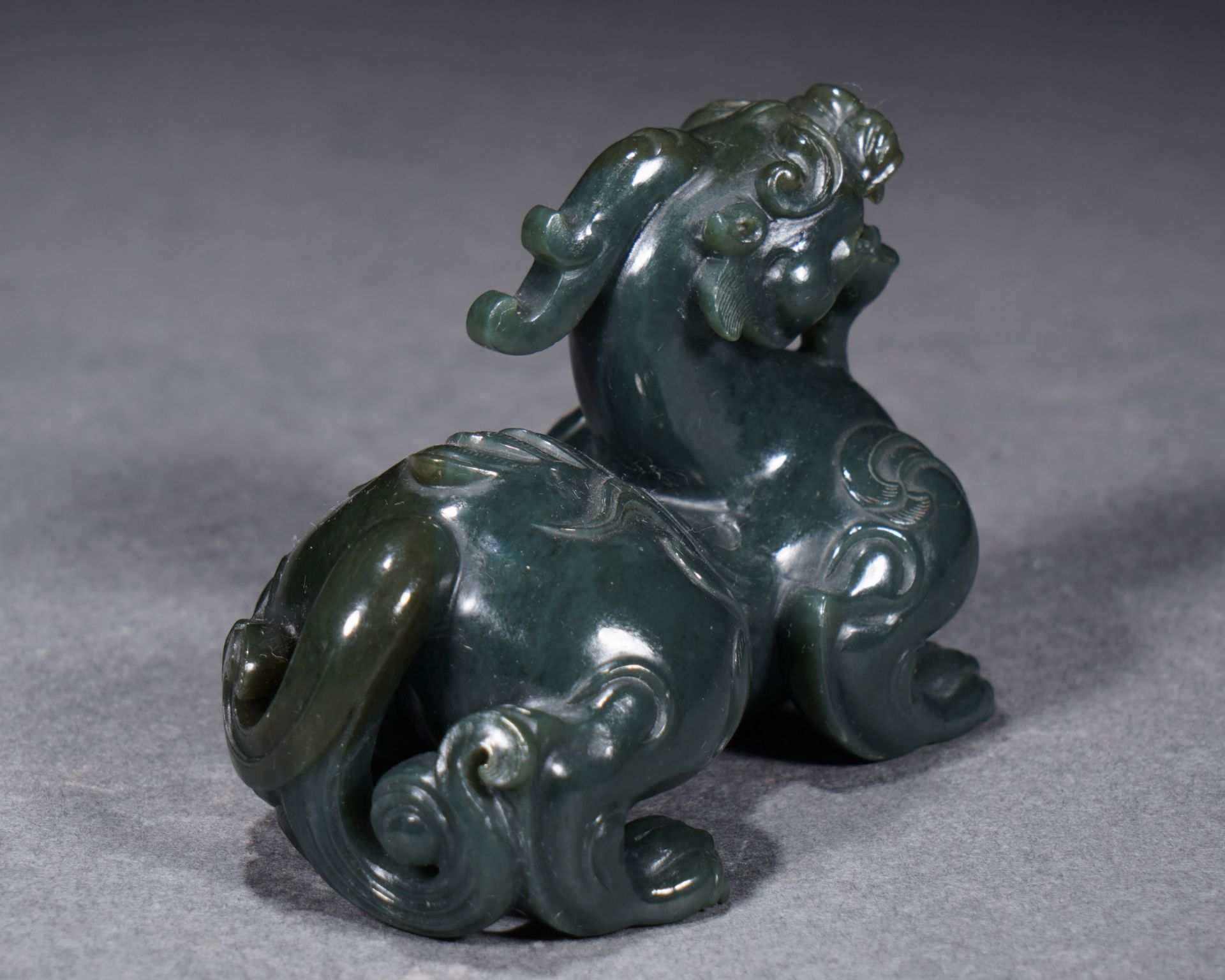 A Chinese Carved Spinach Green Jade Mythical Beast Pixiu - Image 6 of 9