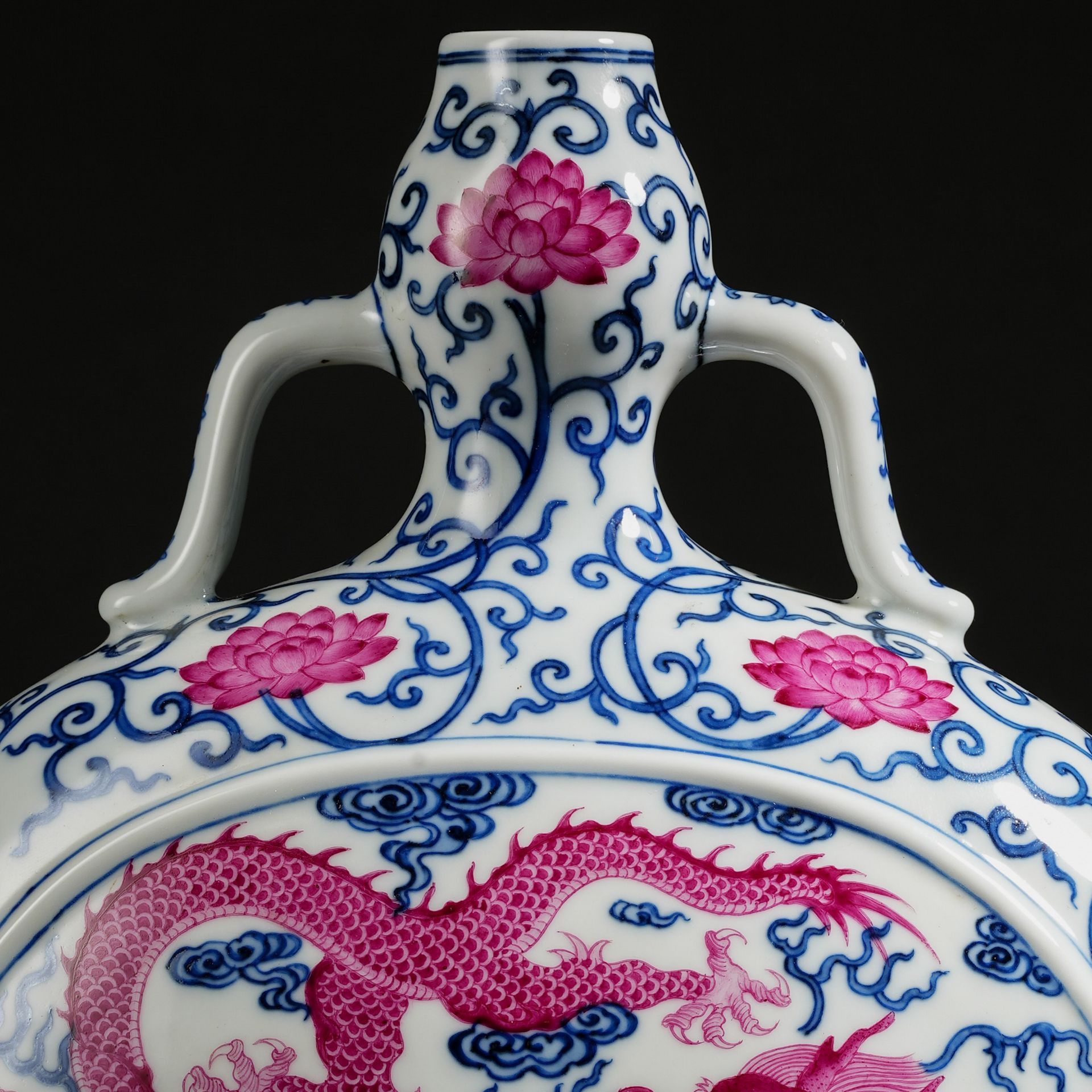 A Chinese Under Glaze Blue and Pink Enamel Dragon Bianhu - Image 2 of 14