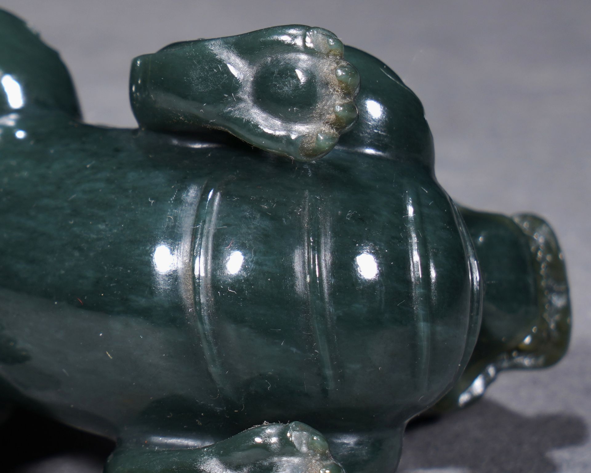 A Chinese Carved Spinach Green Jade Mythical Beast Pixiu - Image 9 of 9