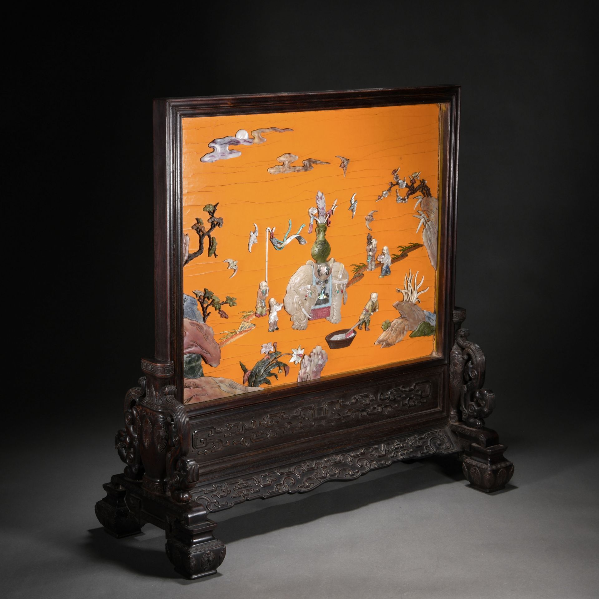 A Chinese Hard-stones Inlaid Lacquer Table Screen - Image 6 of 12