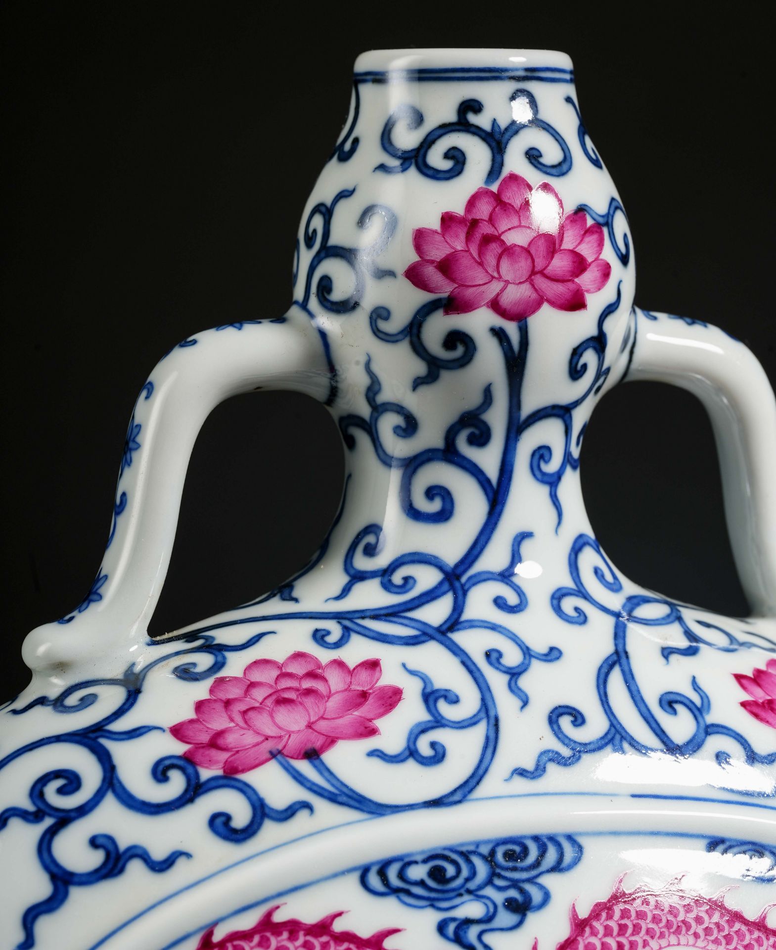 A Chinese Under Glaze Blue and Pink Enamel Dragon Bianhu - Image 5 of 14