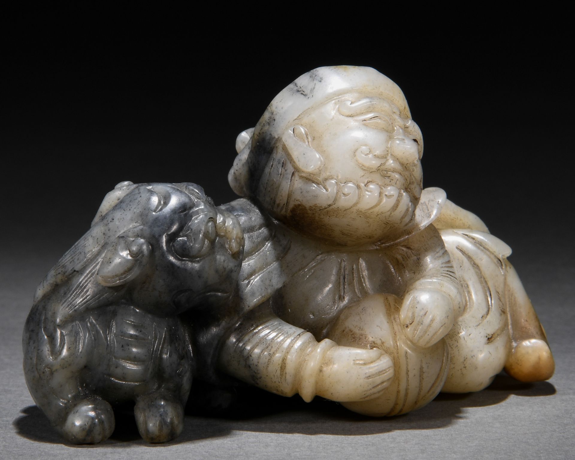 A Chinese Carved Jade Figure with Beast - Image 4 of 6