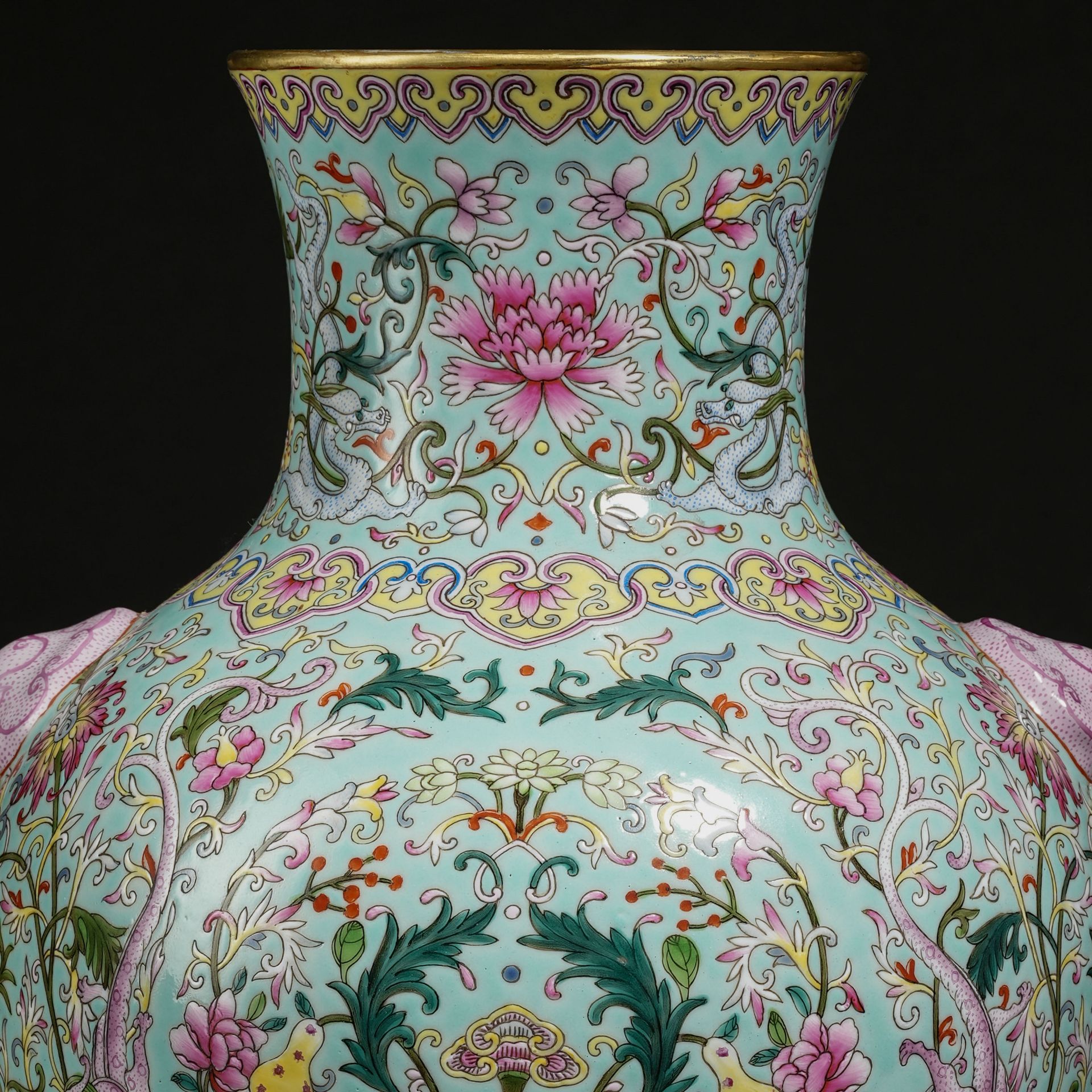 A Chinese Turquoise Ground and Famille Rose Vase with Double Handles - Image 2 of 15