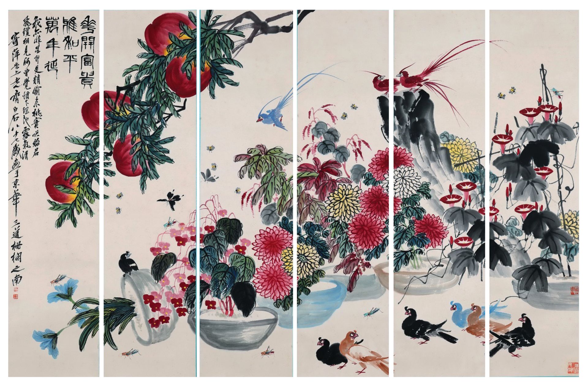 Six Pages of Chinese Scroll Painting By Qi Baishi