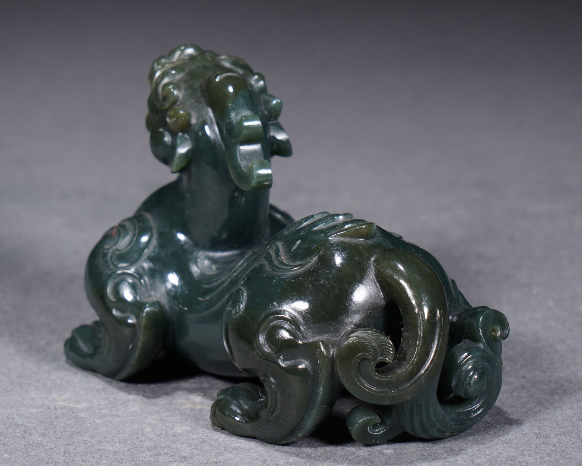 A Chinese Carved Spinach Green Jade Mythical Beast Pixiu - Image 5 of 9