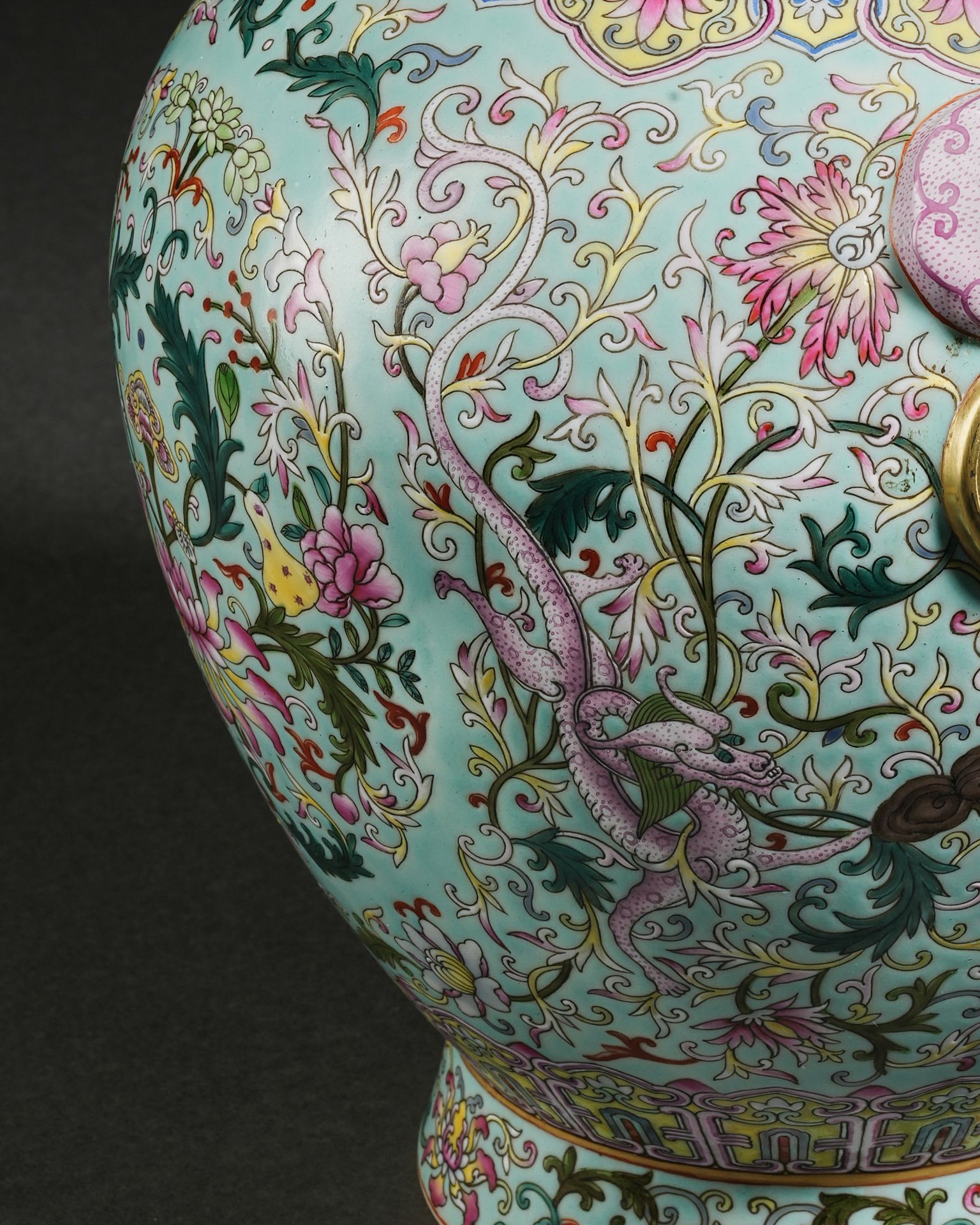 A Chinese Turquoise Ground and Famille Rose Vase with Double Handles - Image 7 of 15