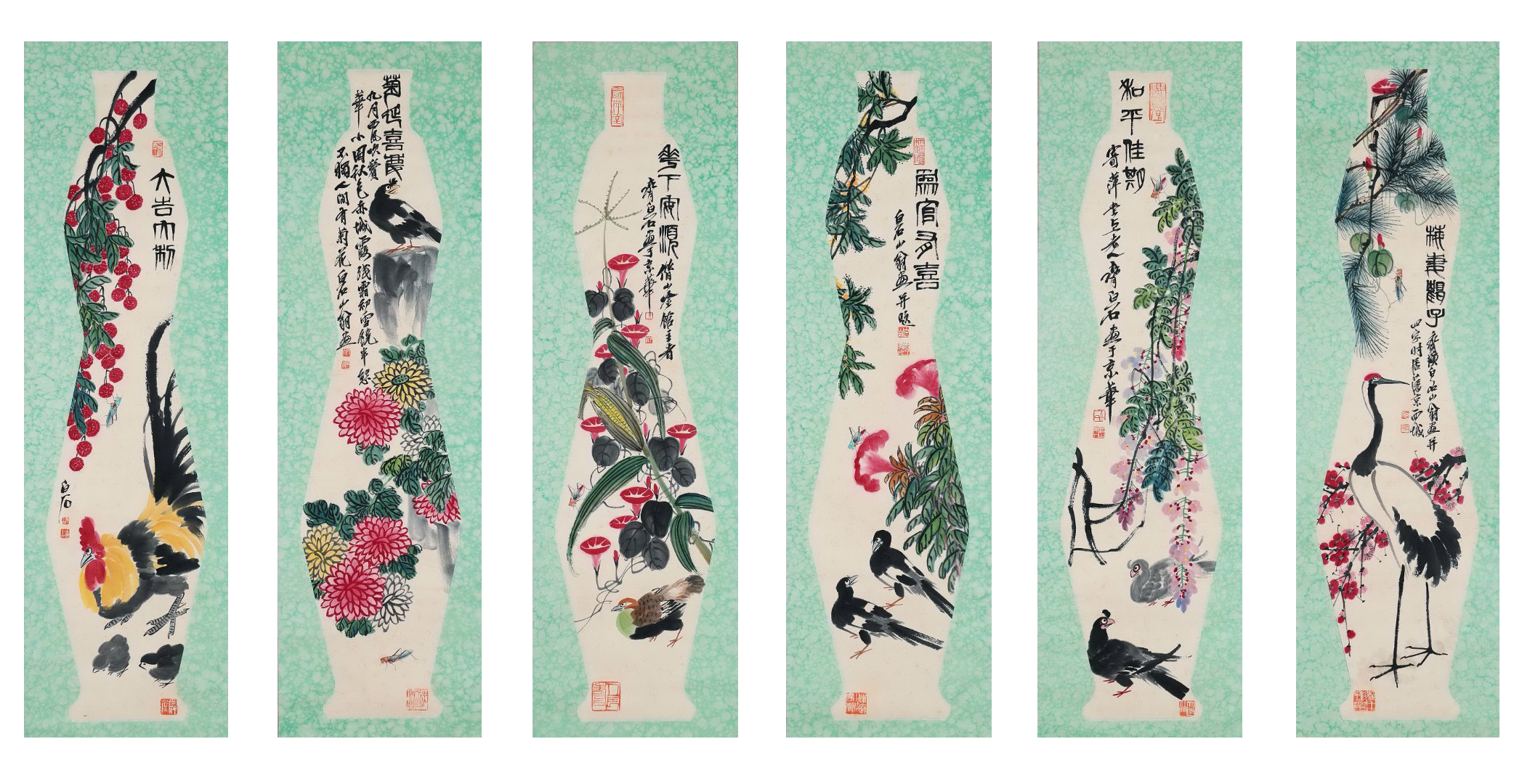 Six Pages of Chinese Scroll Painting By Qi Baishi