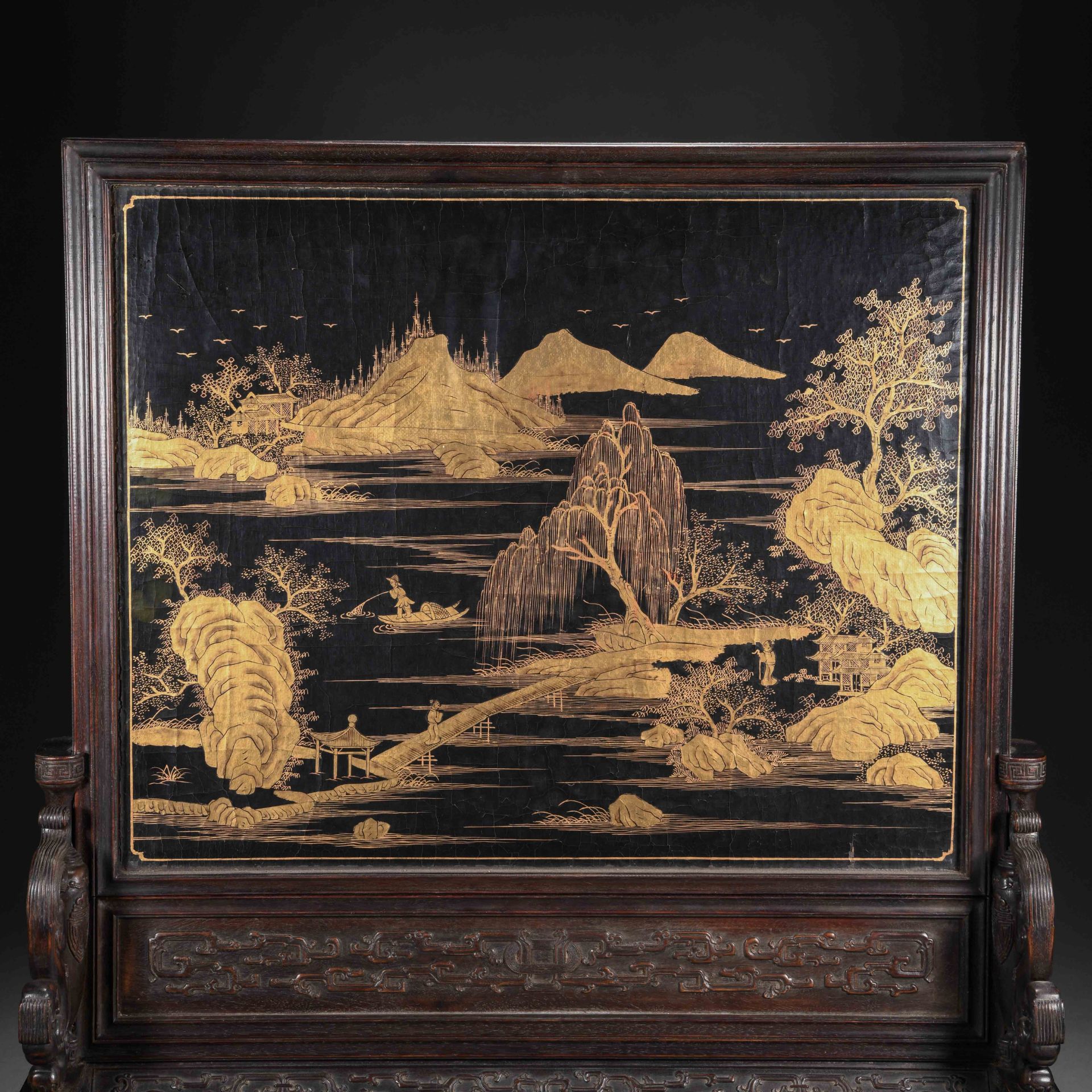 A Chinese Hard-stones Inlaid Lacquer Table Screen - Image 9 of 12