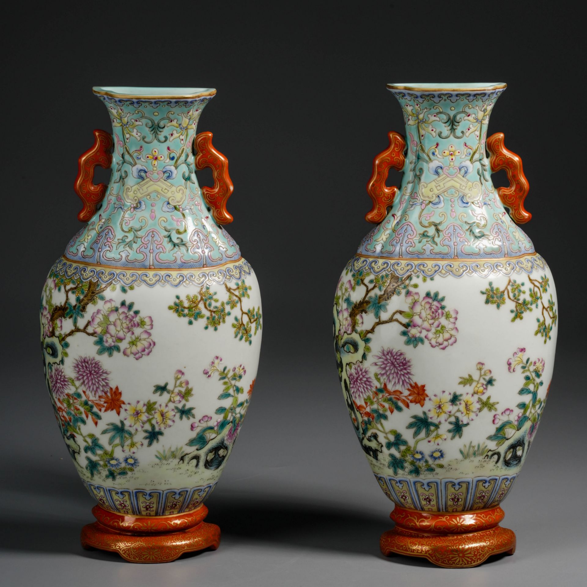 Pair Chinese Famille Rose Floral Wall Vases - Image 2 of 12