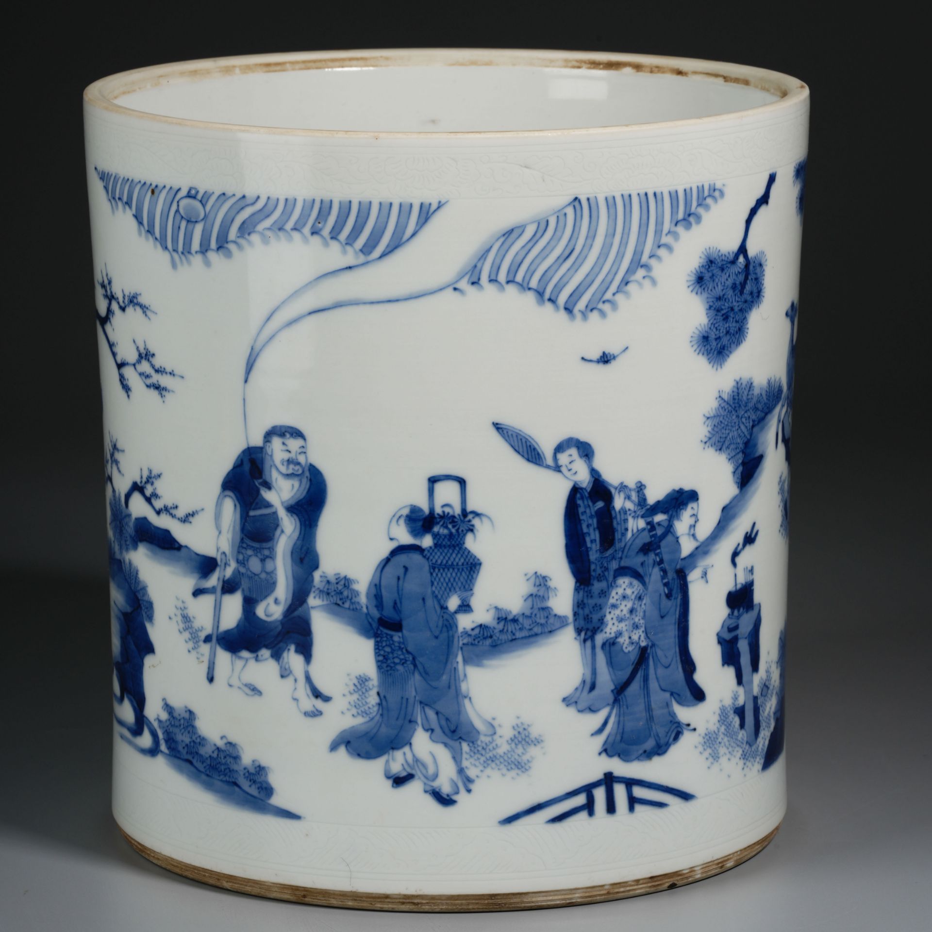 A Chinese Blue and White Eight Immortals Brushpot - Image 5 of 11