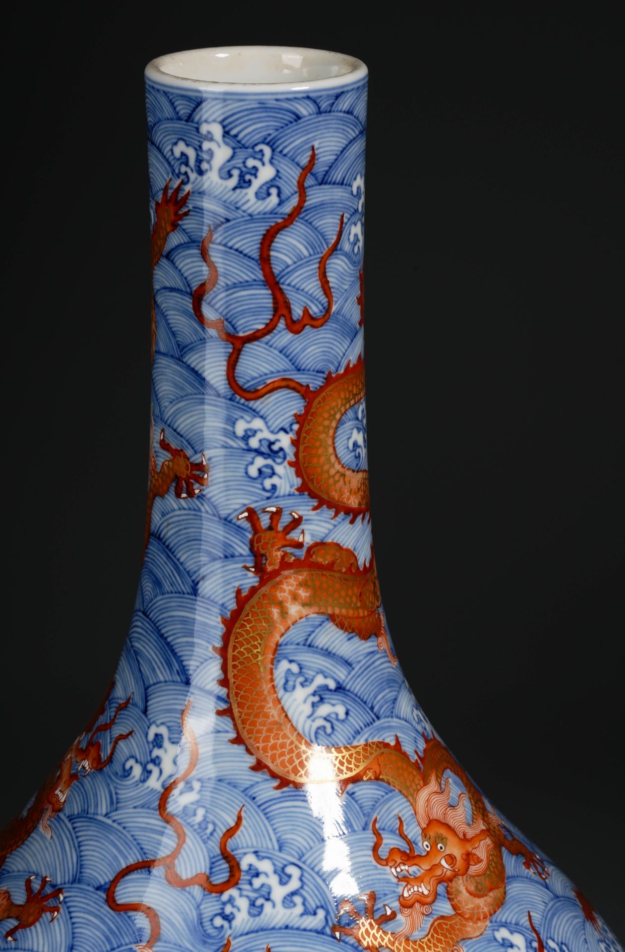 A Chinese Underglaze Blue and Iron Red Dragon Bottle Vase - Image 4 of 10