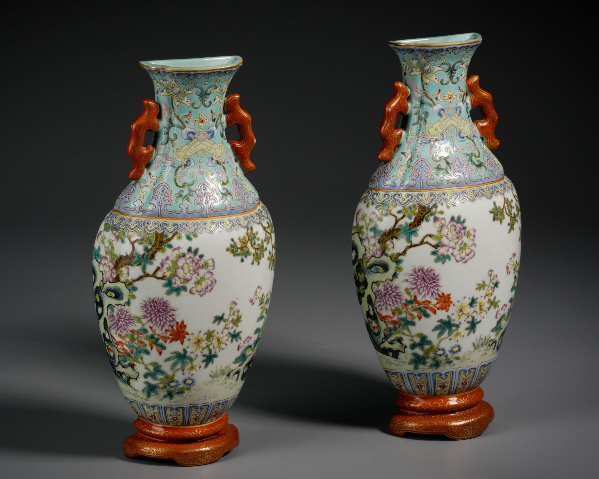 Pair Chinese Famille Rose Floral Wall Vases - Image 3 of 12