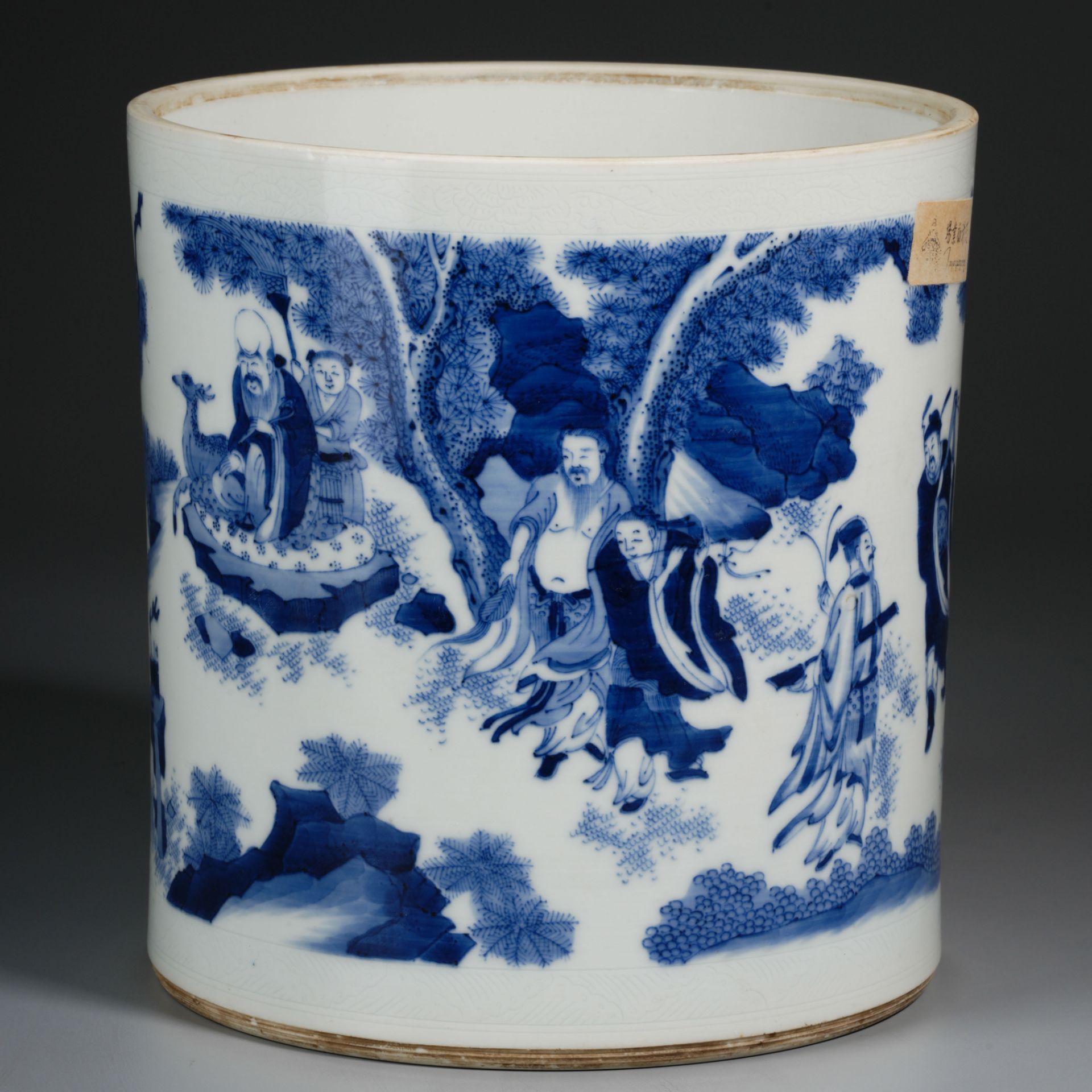 A Chinese Blue and White Eight Immortals Brushpot - Image 2 of 11